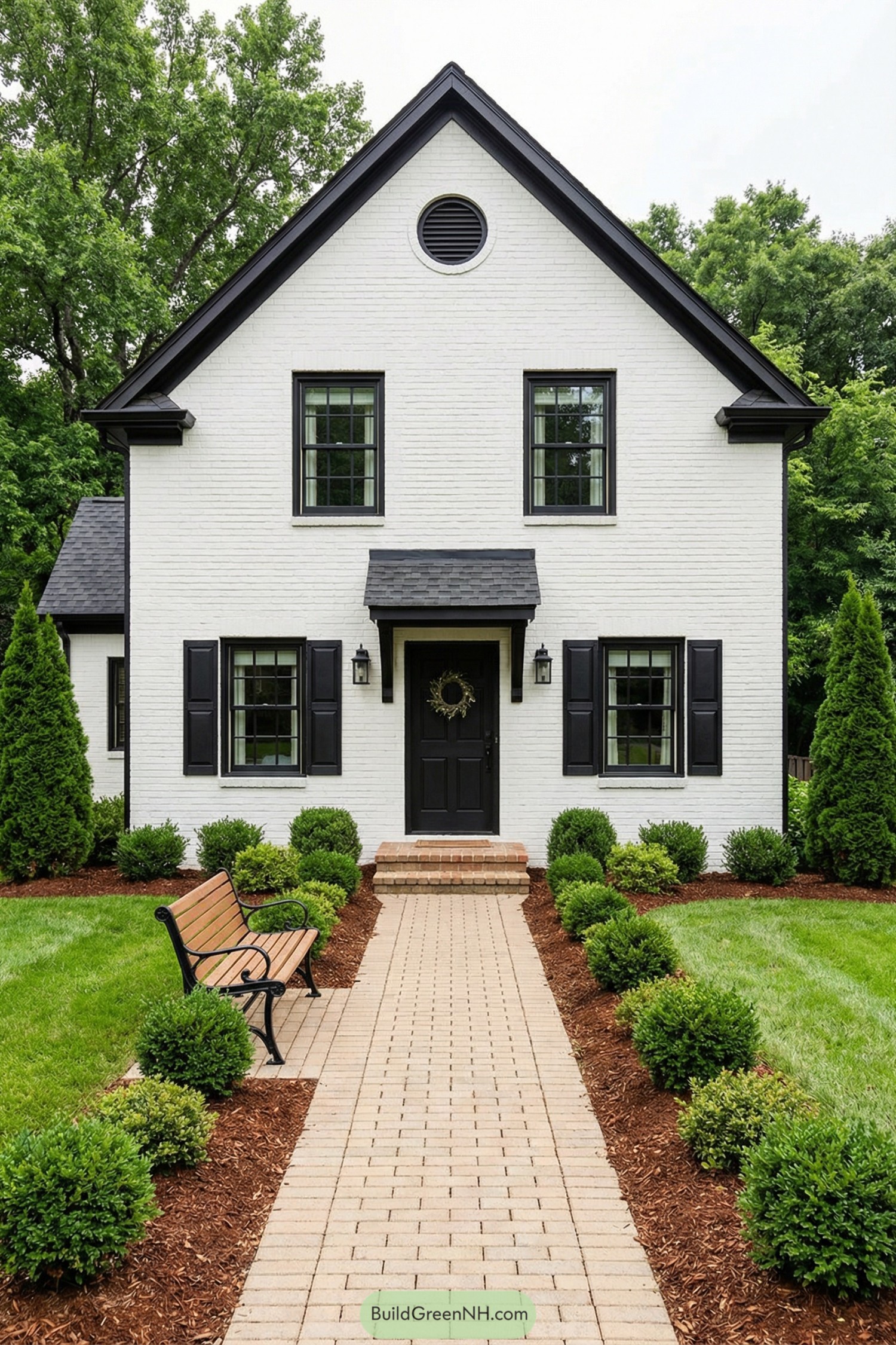 White brick house with black windows and neat front walkway