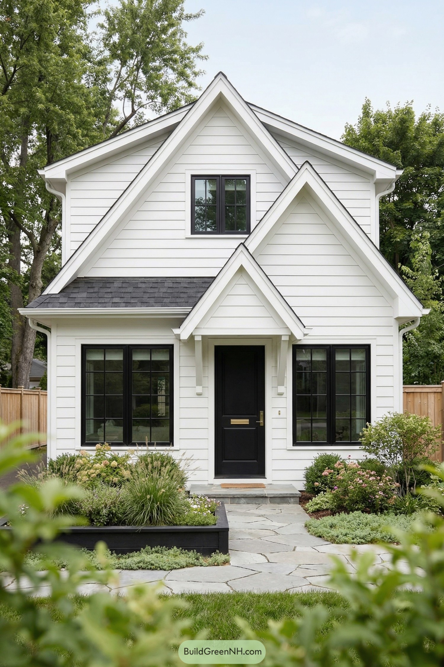 White gabled house with black windows and door