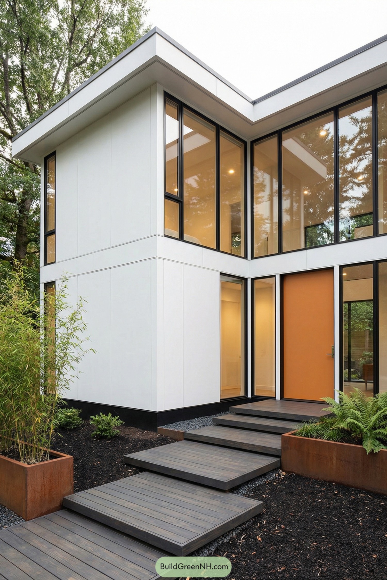 Modern white two story house with tall black framed windows and an orange front door