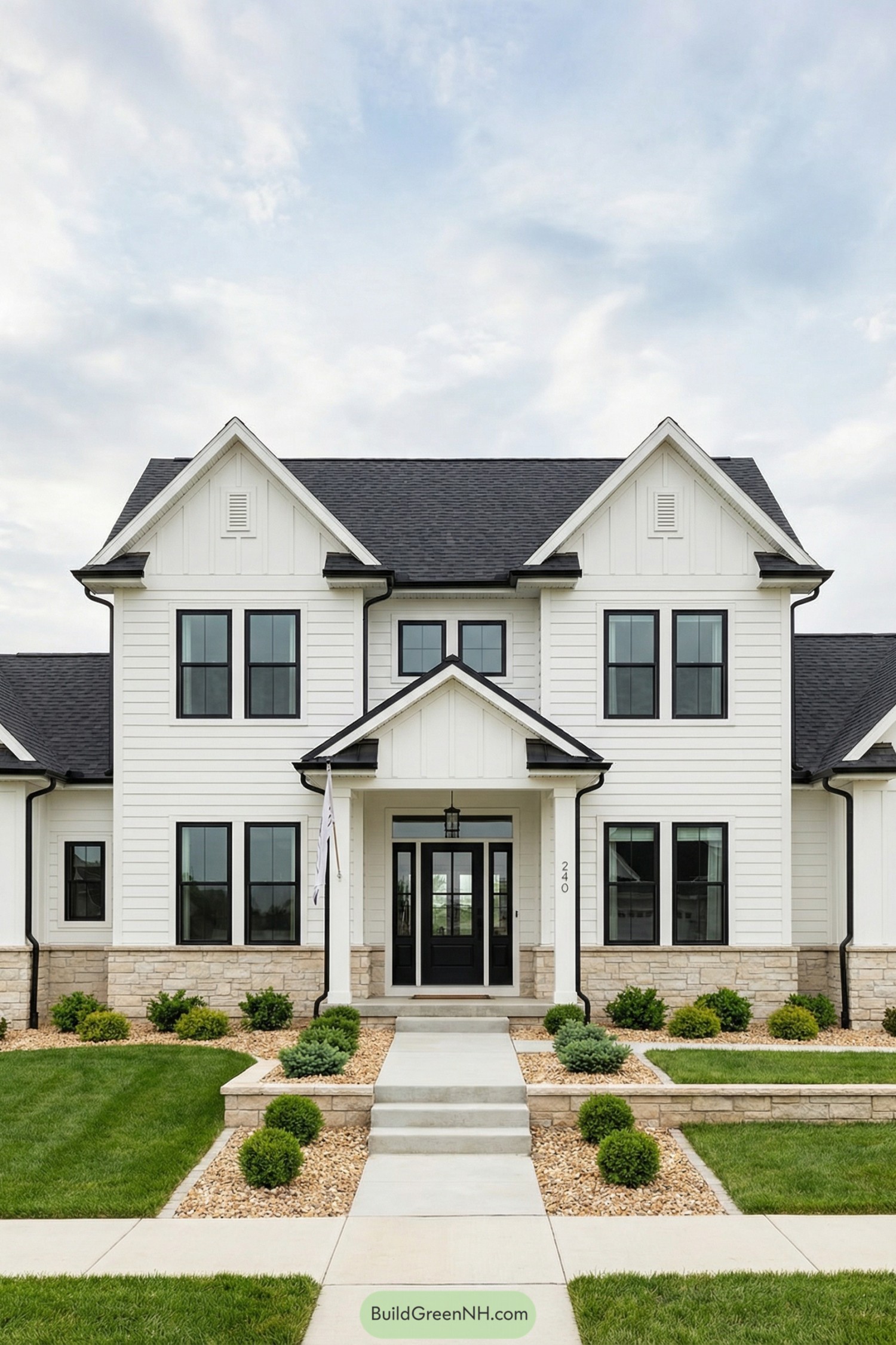 White farmhouse style home with black windows and stone base