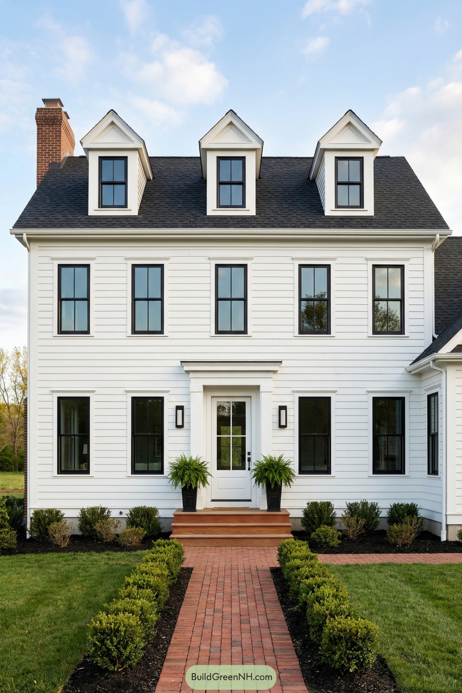 White two story farmhouse with black framed windows and brick walkway