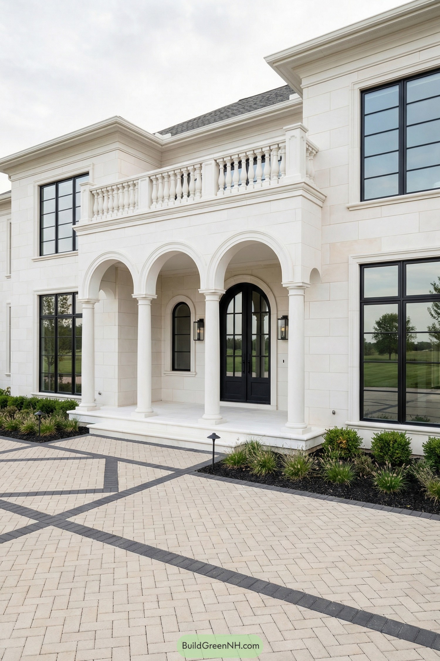 White stucco mansion with arched entry, balcony balustrade, and tall black framed windows overlooking a patterned paver courtyard