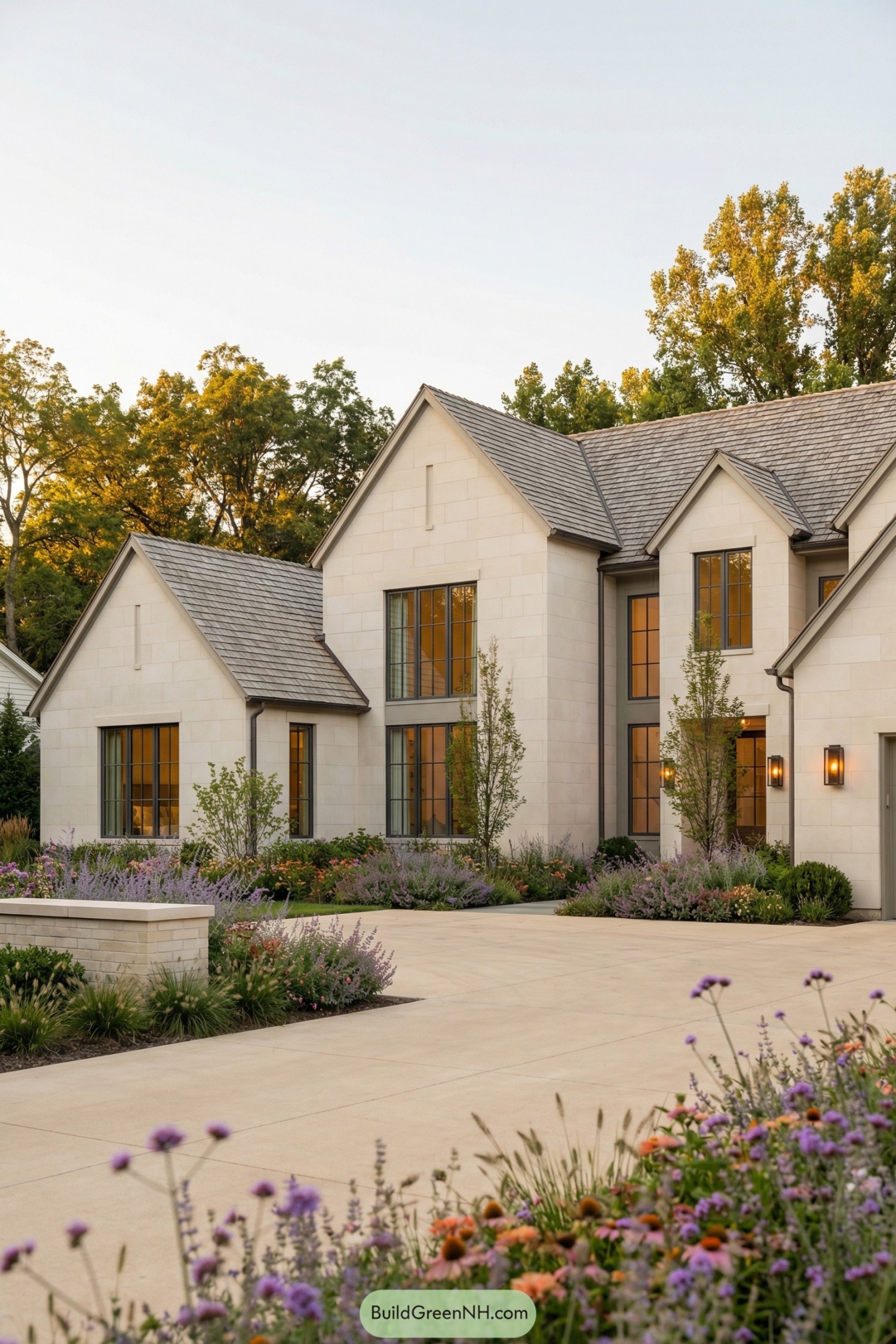 White gabled house with tall black-trimmed windows and lush front gardens