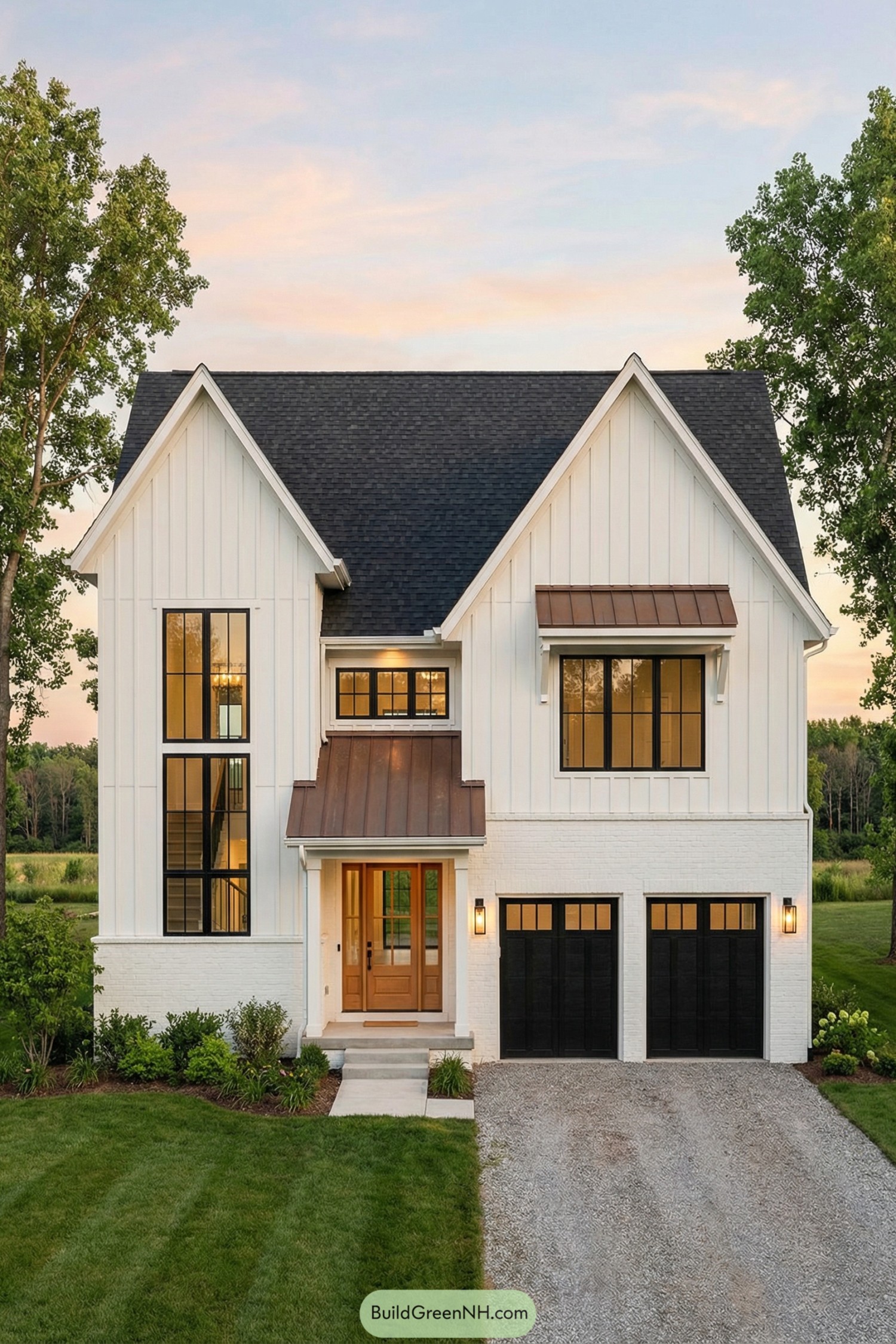 White modern farmhouse with tall black windows and copper accents