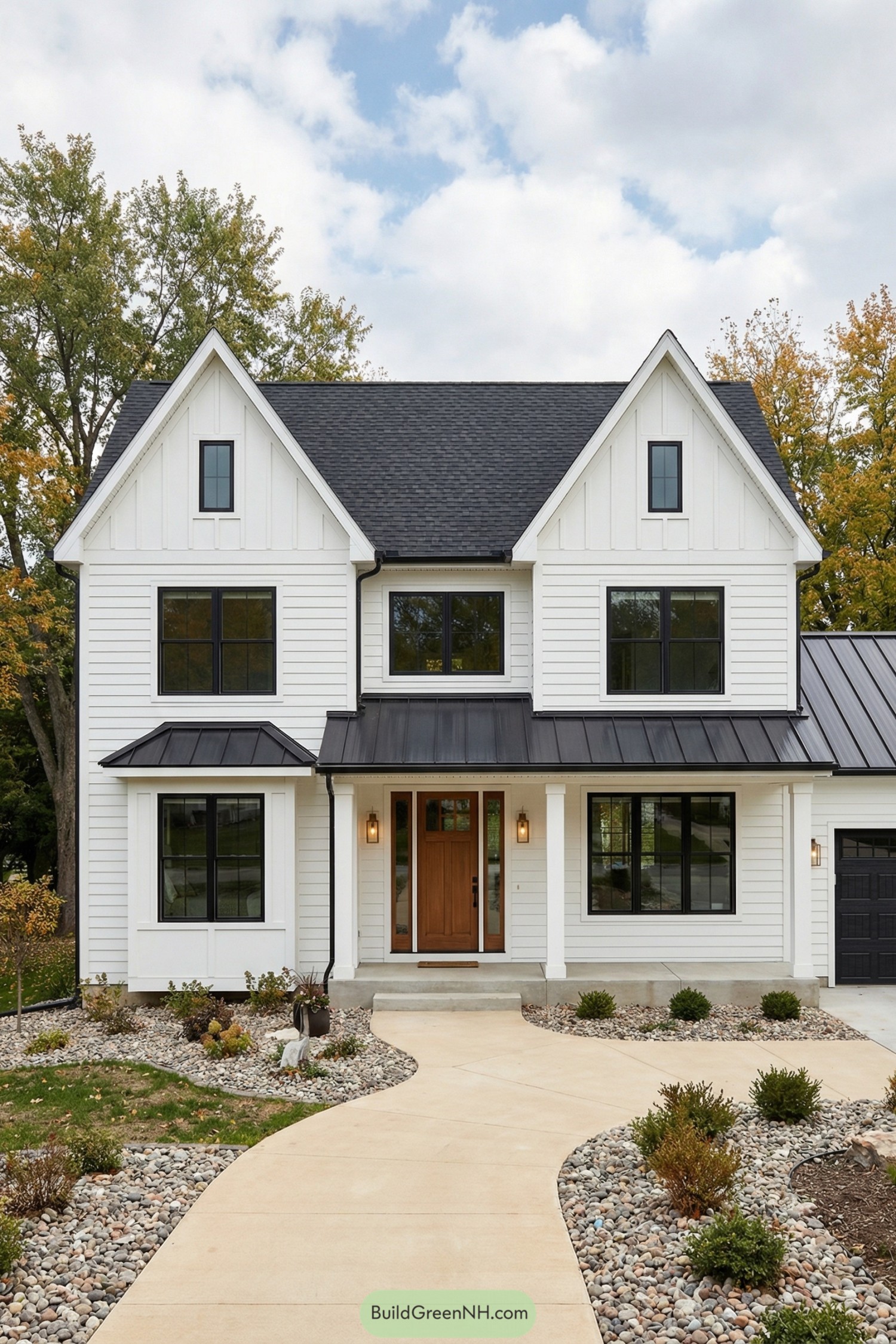 White farmhouse style home with black framed windows and warm wood front door along a curved stone lined walkway