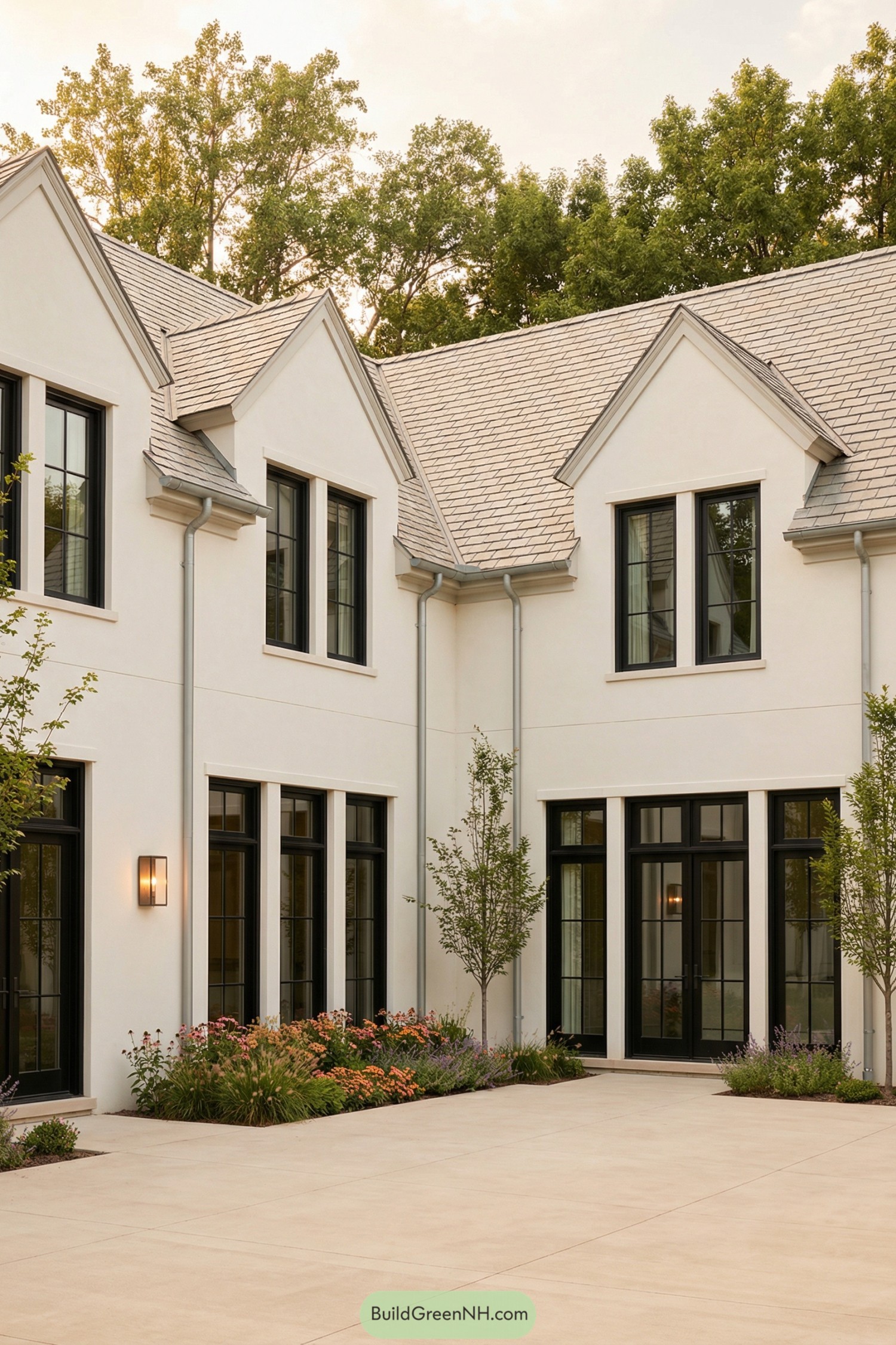 Elegant white two story courtyard home with steep gable roofs and tall black framed windows surrounding a clean paved patio and soft landscaping