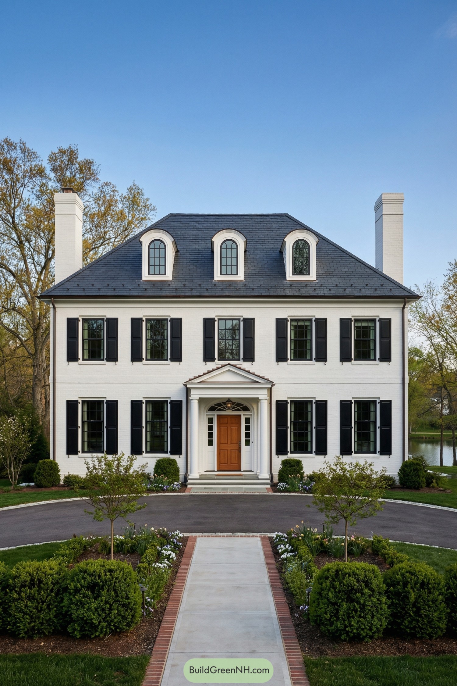 Symmetrical white brick house with black windows and central wood door