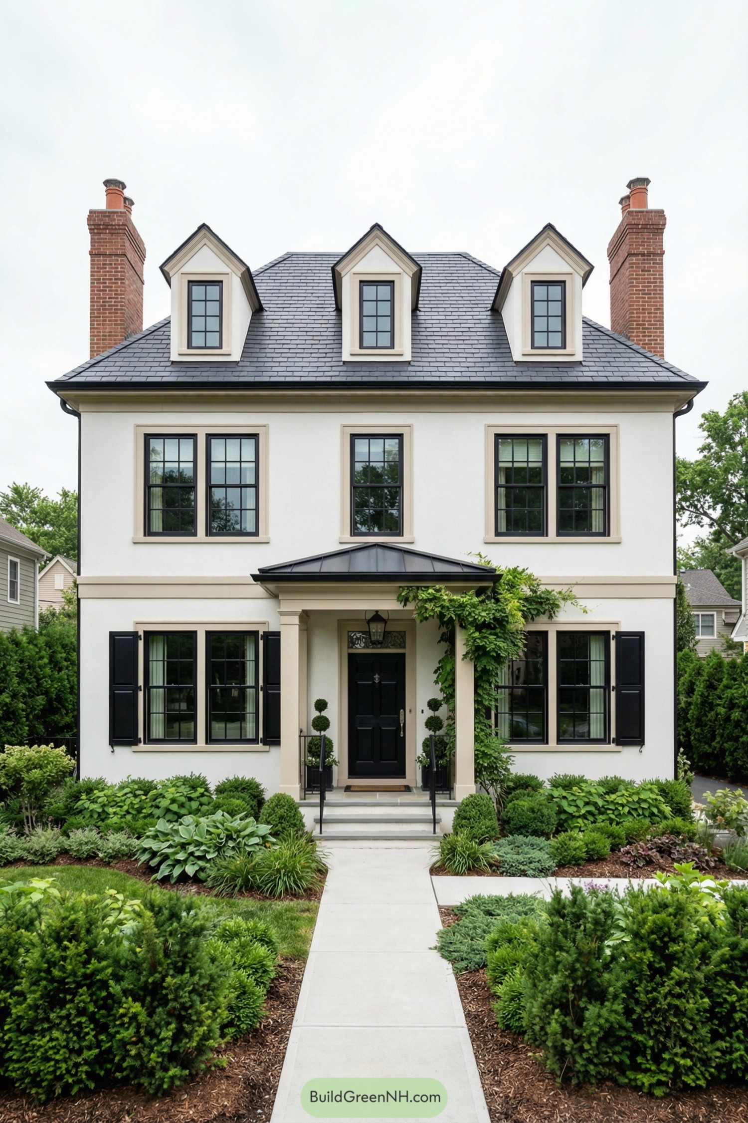 White three story house with black windows lush landscaping and twin brick chimneys