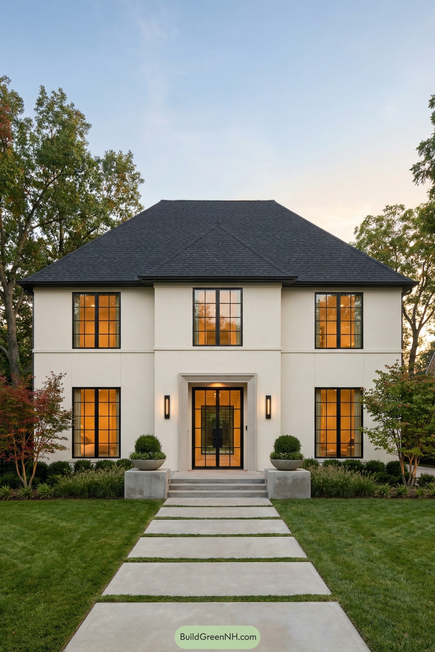 White two story home with black framed windows and a centered glass front door