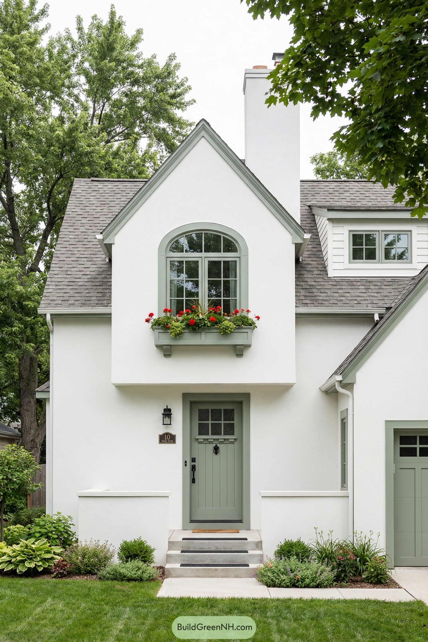 White stucco cottage with soft green trim and an arched window flower box