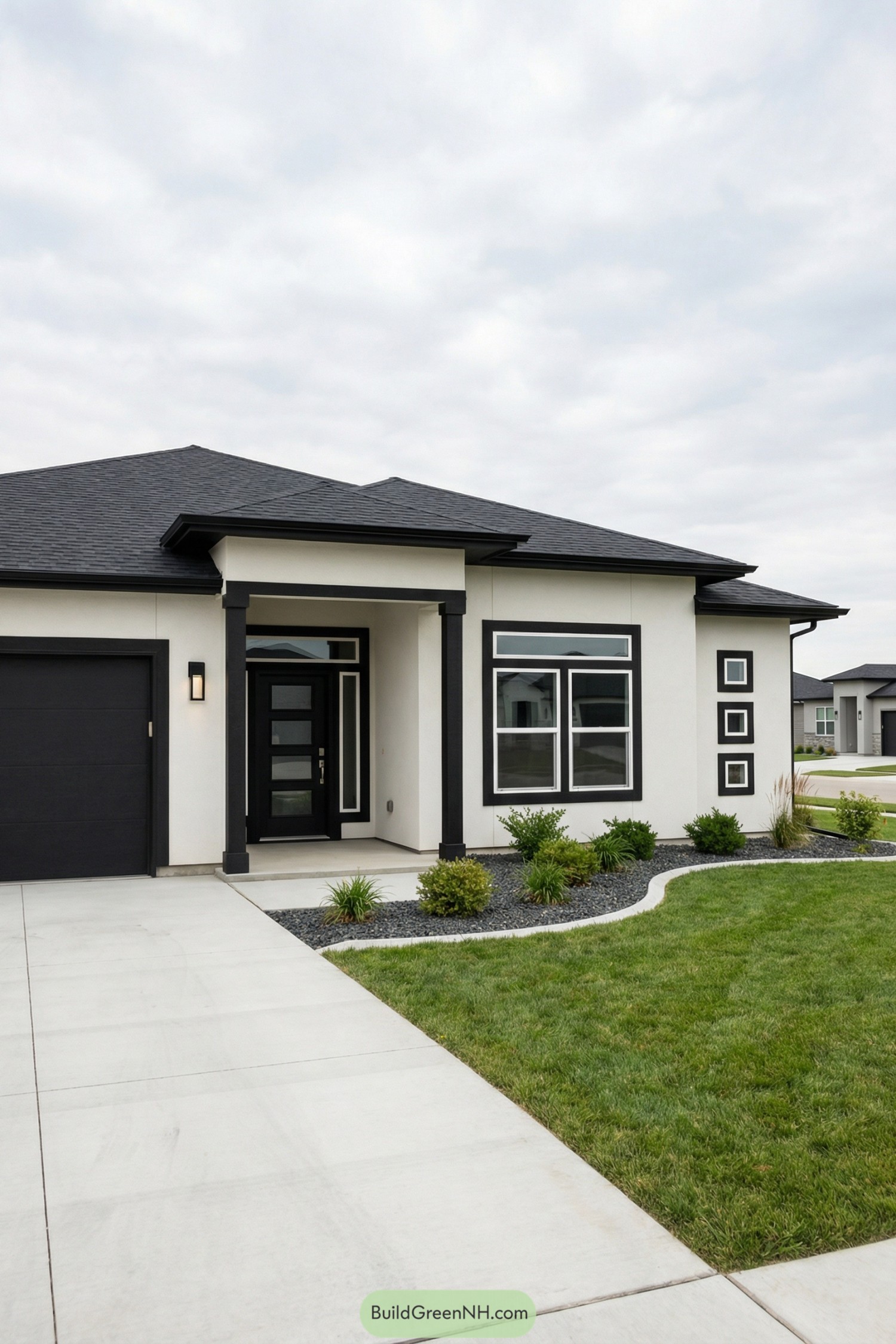 White stucco house with black trim and low hipped roof facing a neat lawn and concrete drive
