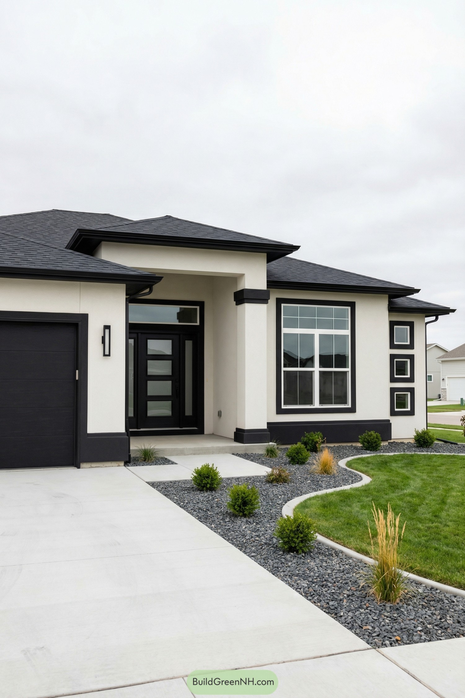 Modern white stucco house with black trim and minimalist landscaping
