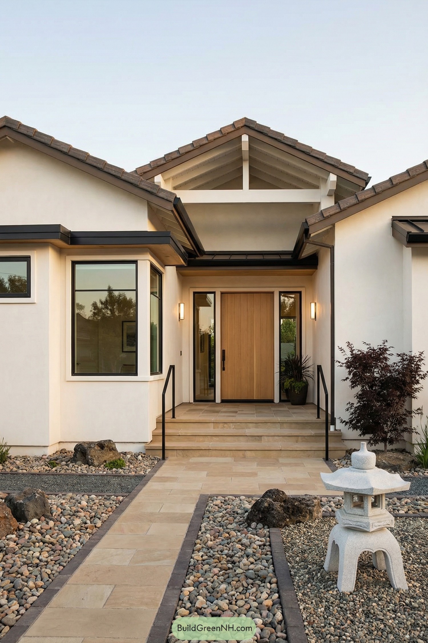 Modern white stucco house with stone path and minimalist entry garden