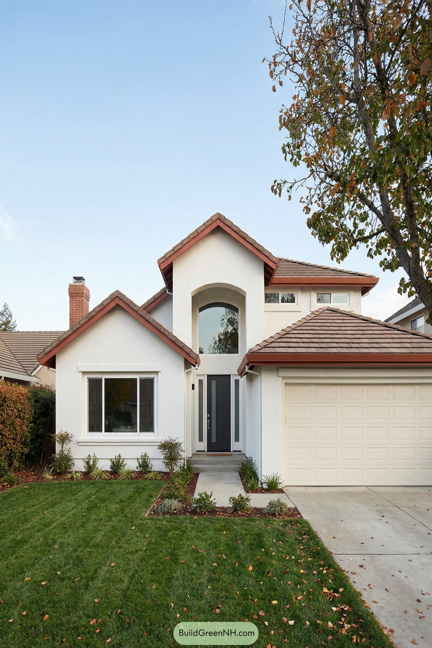 White stucco house with red tile roof and tall modern entry