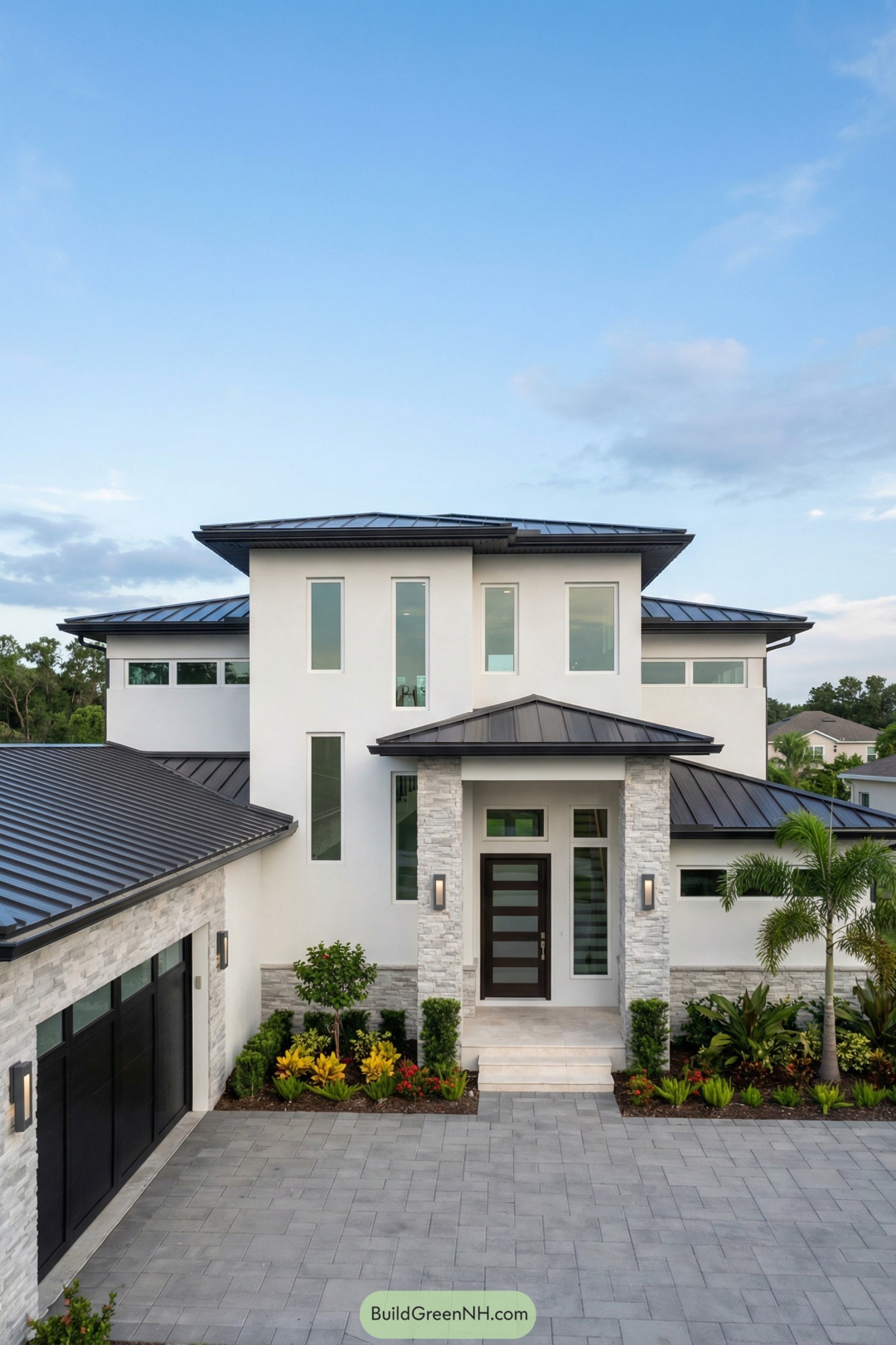 Modern white stucco house with dark metal roof and tall narrow windows