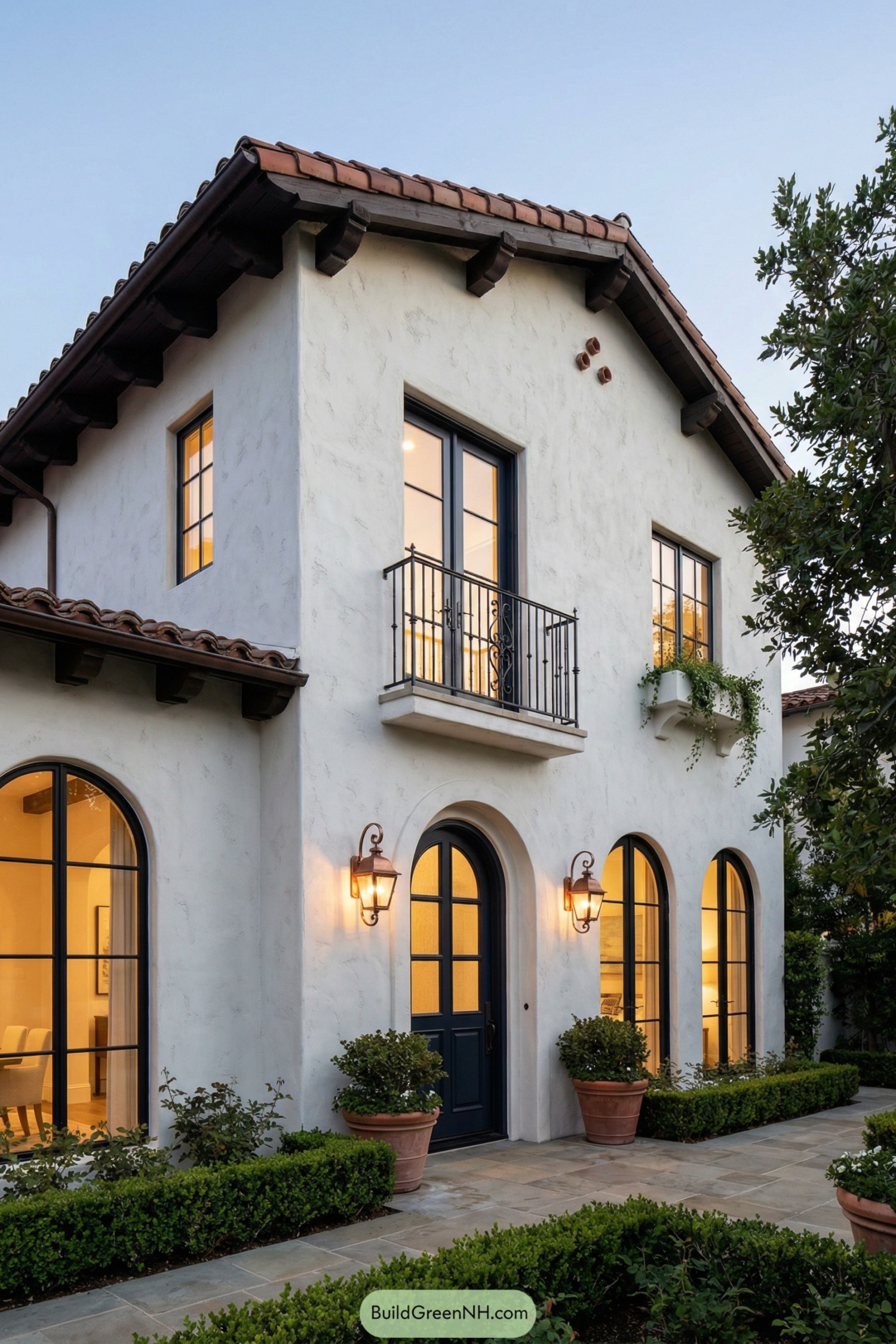 Two story white stucco house with arched black framed windows terracotta roof and small wrought iron balcony over a dark entry door