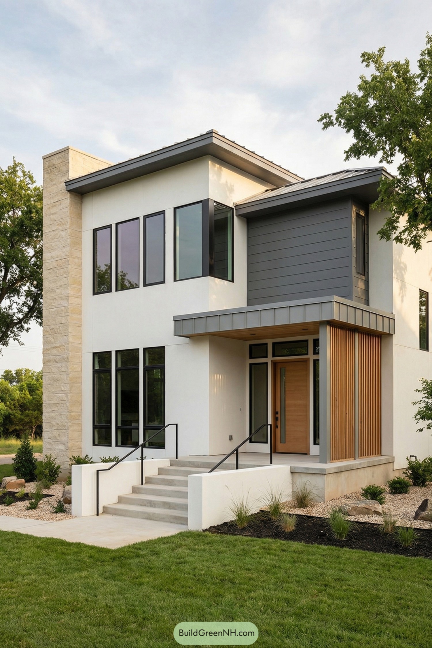 Modern white stucco house with tall black windows and wood accented entry