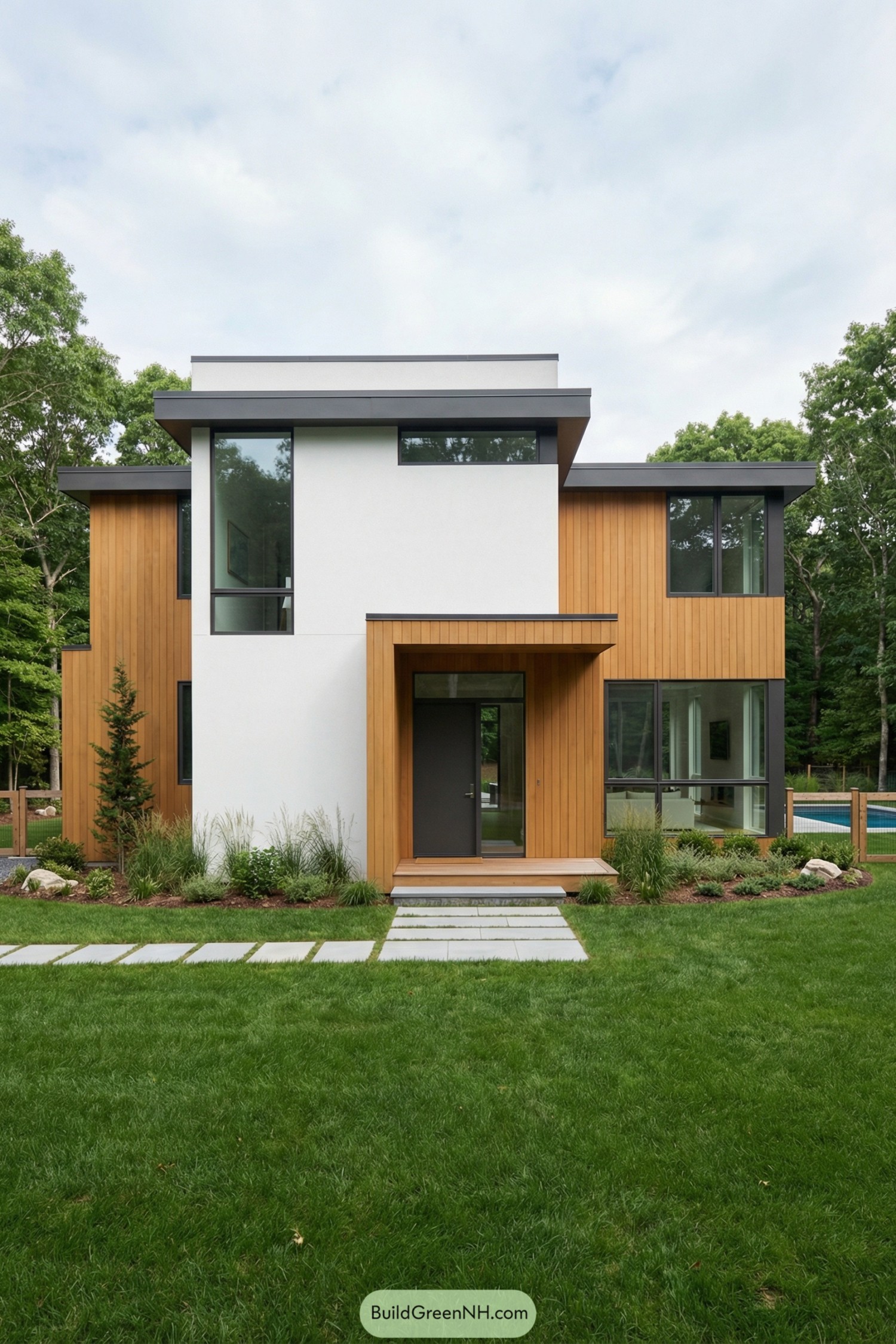 Modern two story white stucco house with warm vertical wood siding and large dark framed windows
