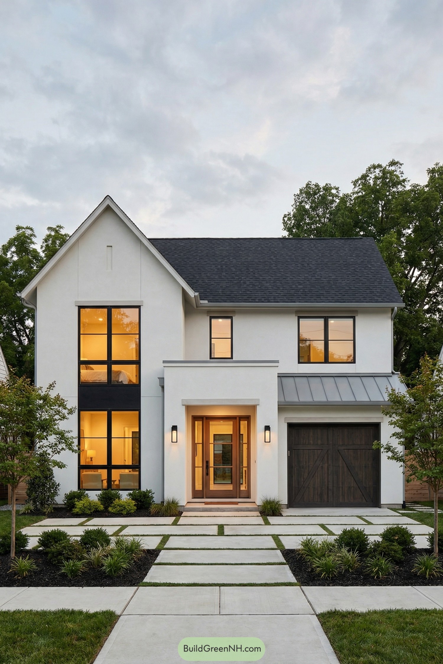 White stucco two story house with dark roof large windows and a modern entry path