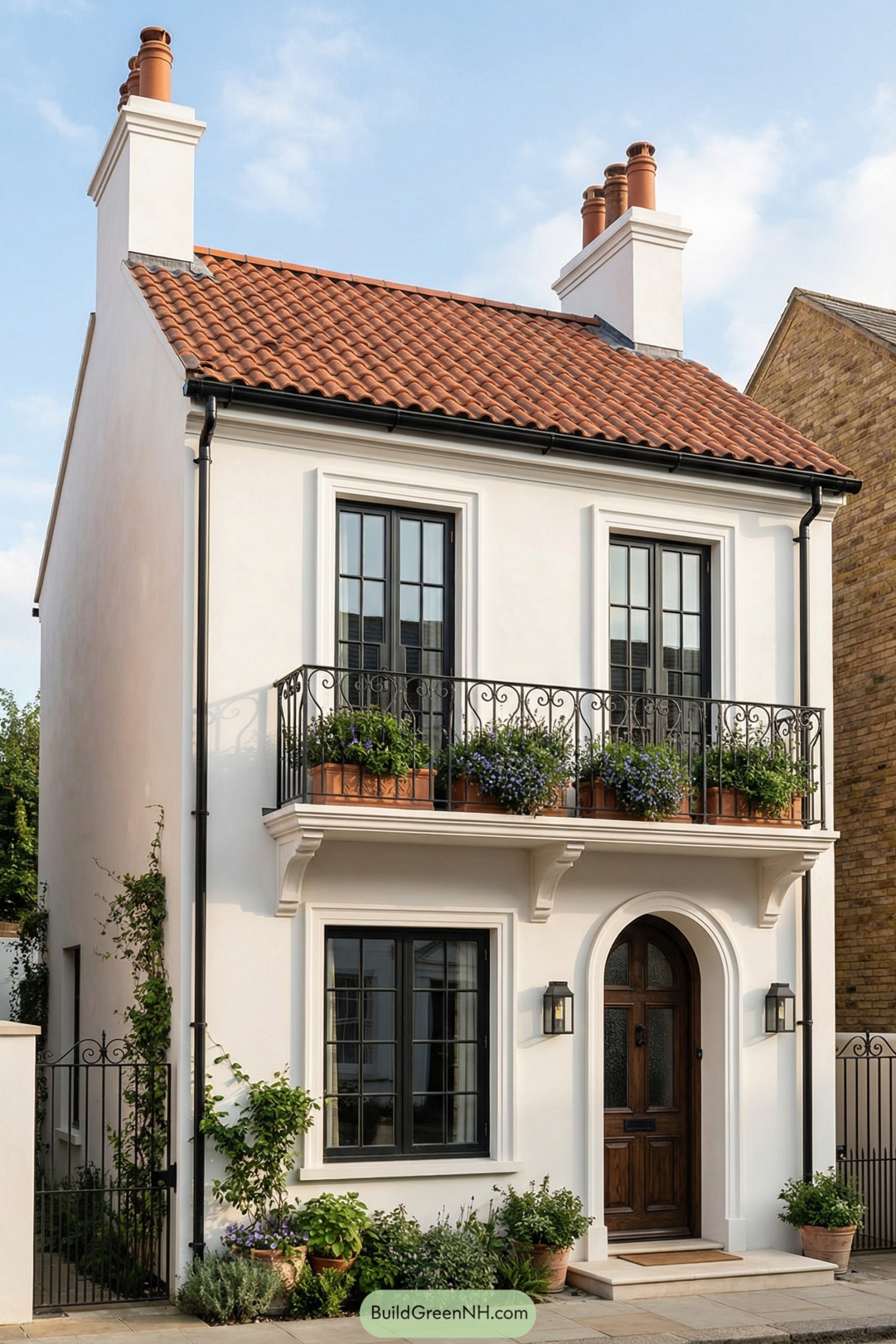 White stucco townhouse with clay tile roof and flower filled metal balcony