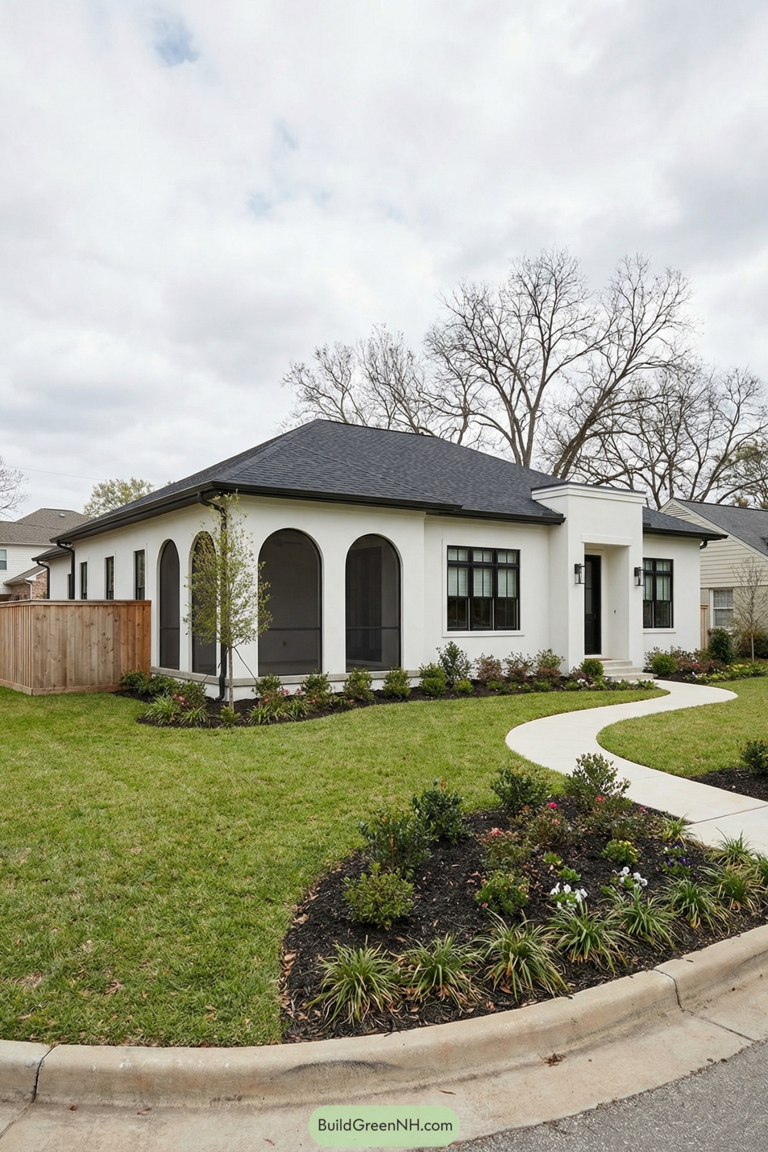 Single story white stucco house with black roof, arched screened porch, and curved walkway through landscaped front yard