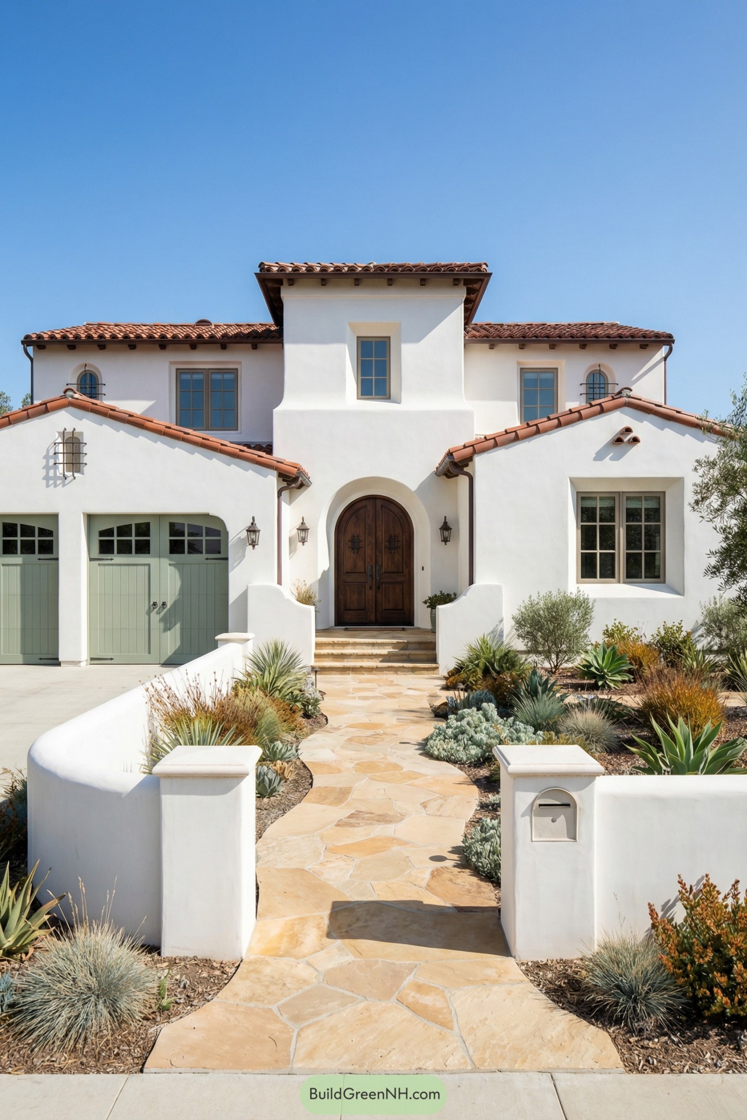 White stucco house with terracotta roof and desert landscaping