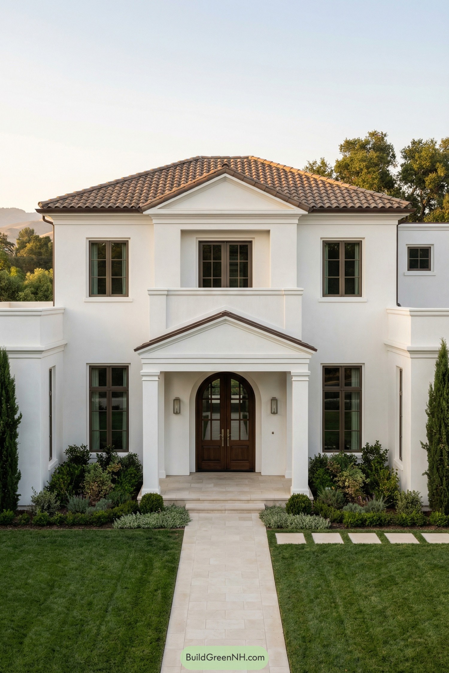Two story white stucco house with tiled roof, arched wooden front door, and manicured front lawn