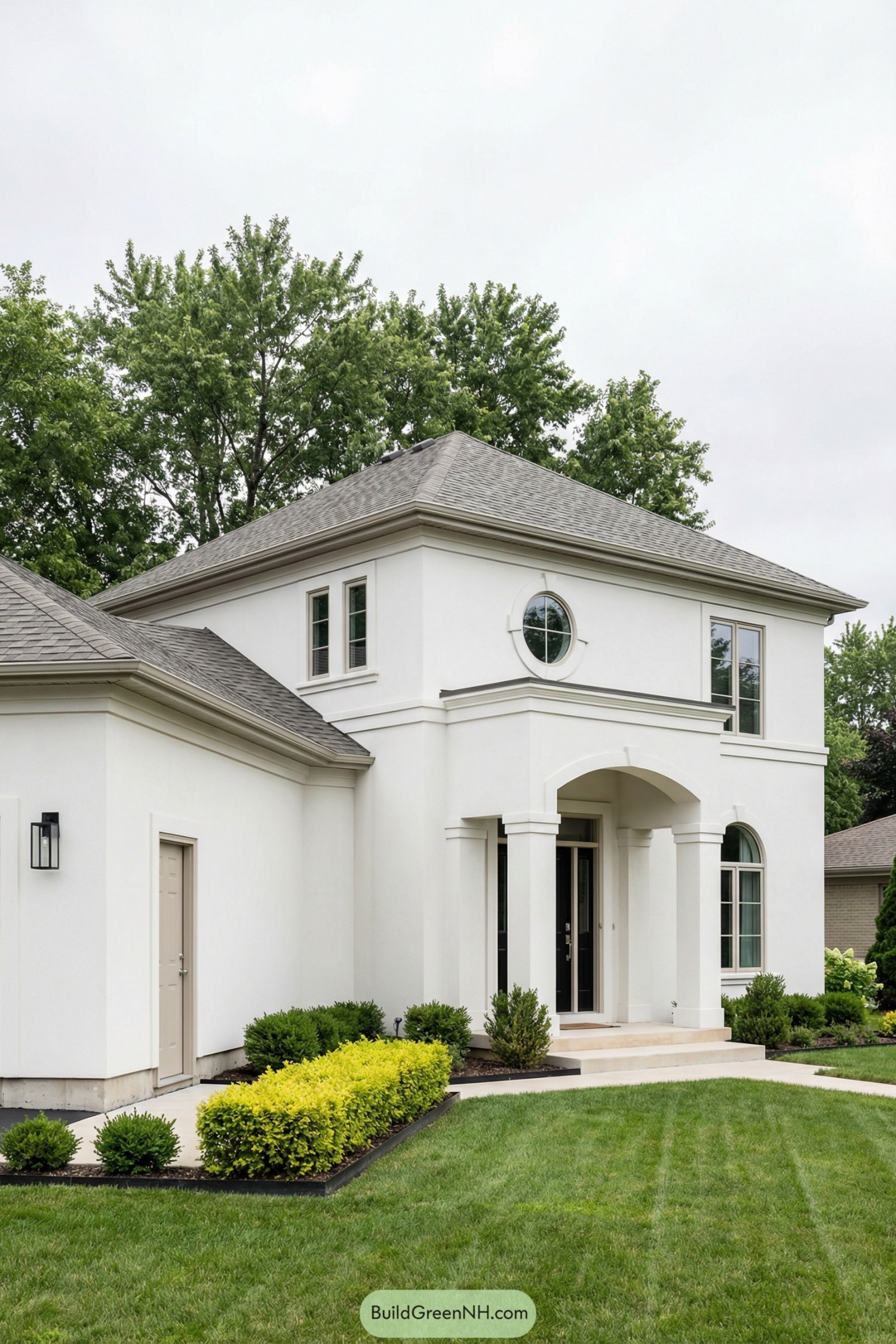 White stucco two story house with arched entry and manicured front lawn