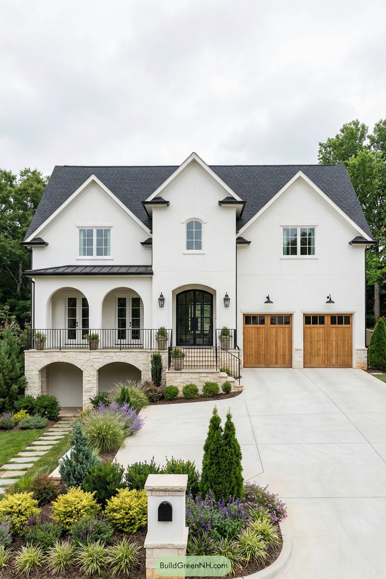 White stucco house with arches and wood garage doors
