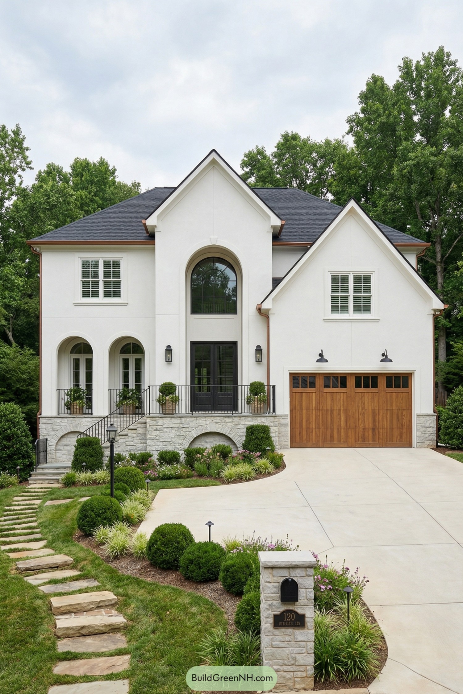White stucco two story home with arches