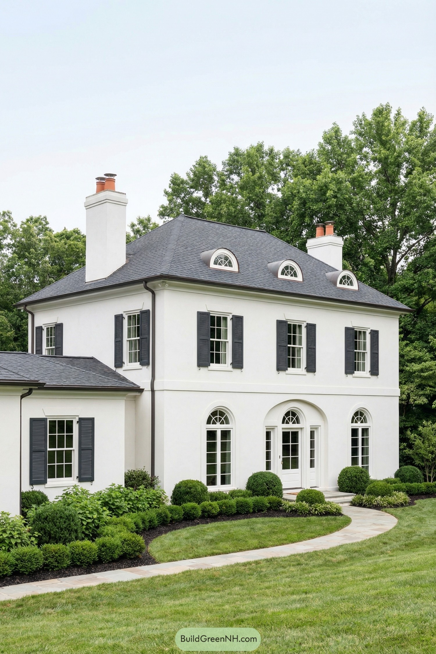 White stucco two story home with arched windows and manicured front garden