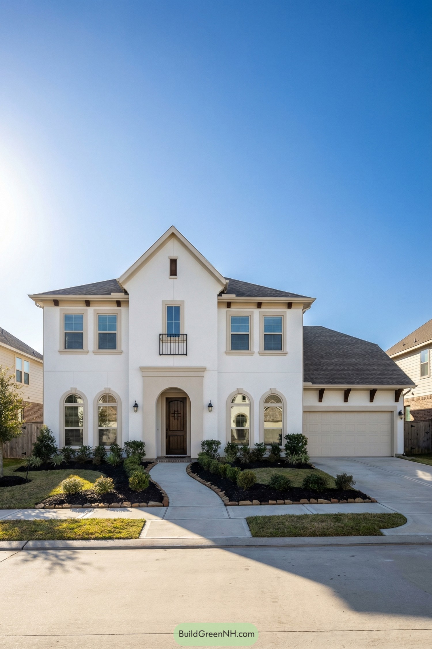 White stucco two story house with arched windows and attached garage