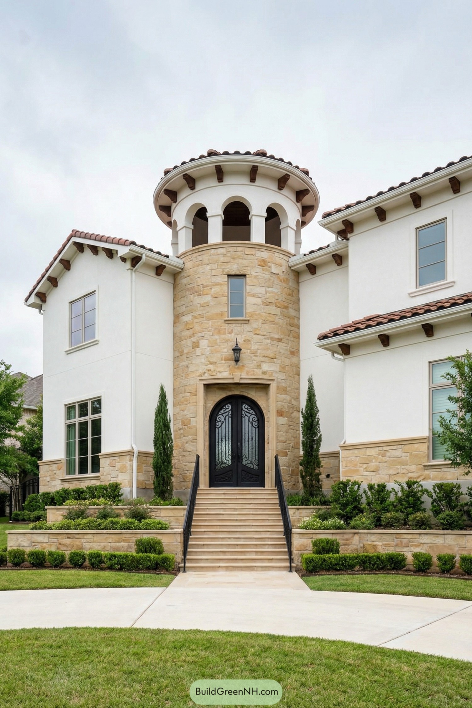 White stucco house with tall stone entry tower and arched balcony