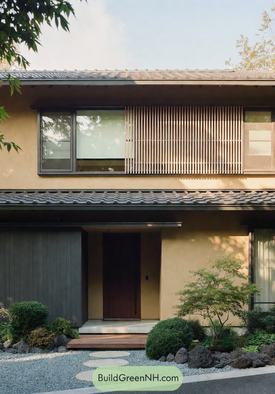Modern two story home with Japanese inspired facade and minimalist garden