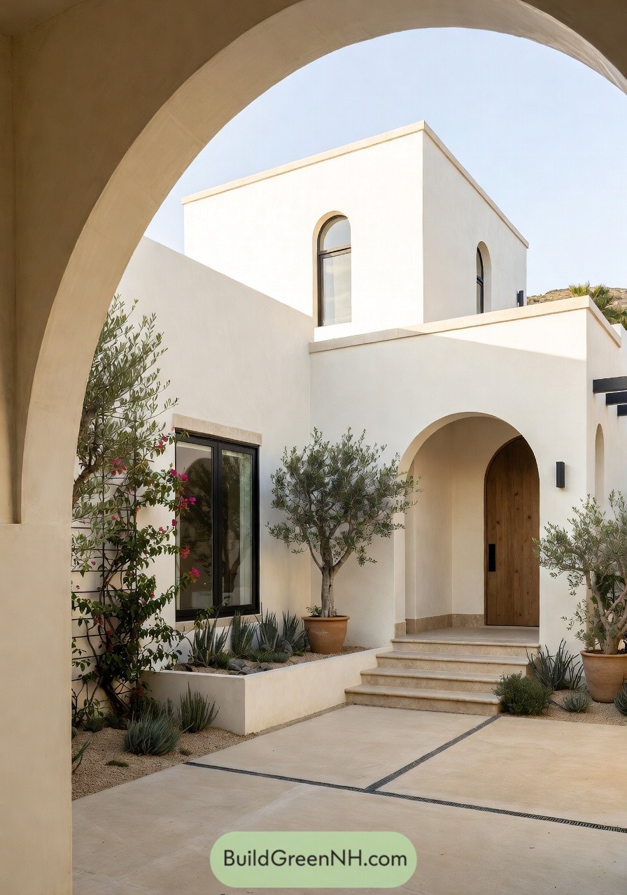 Creamy stucco courtyard home with arched entry and potted desert plants