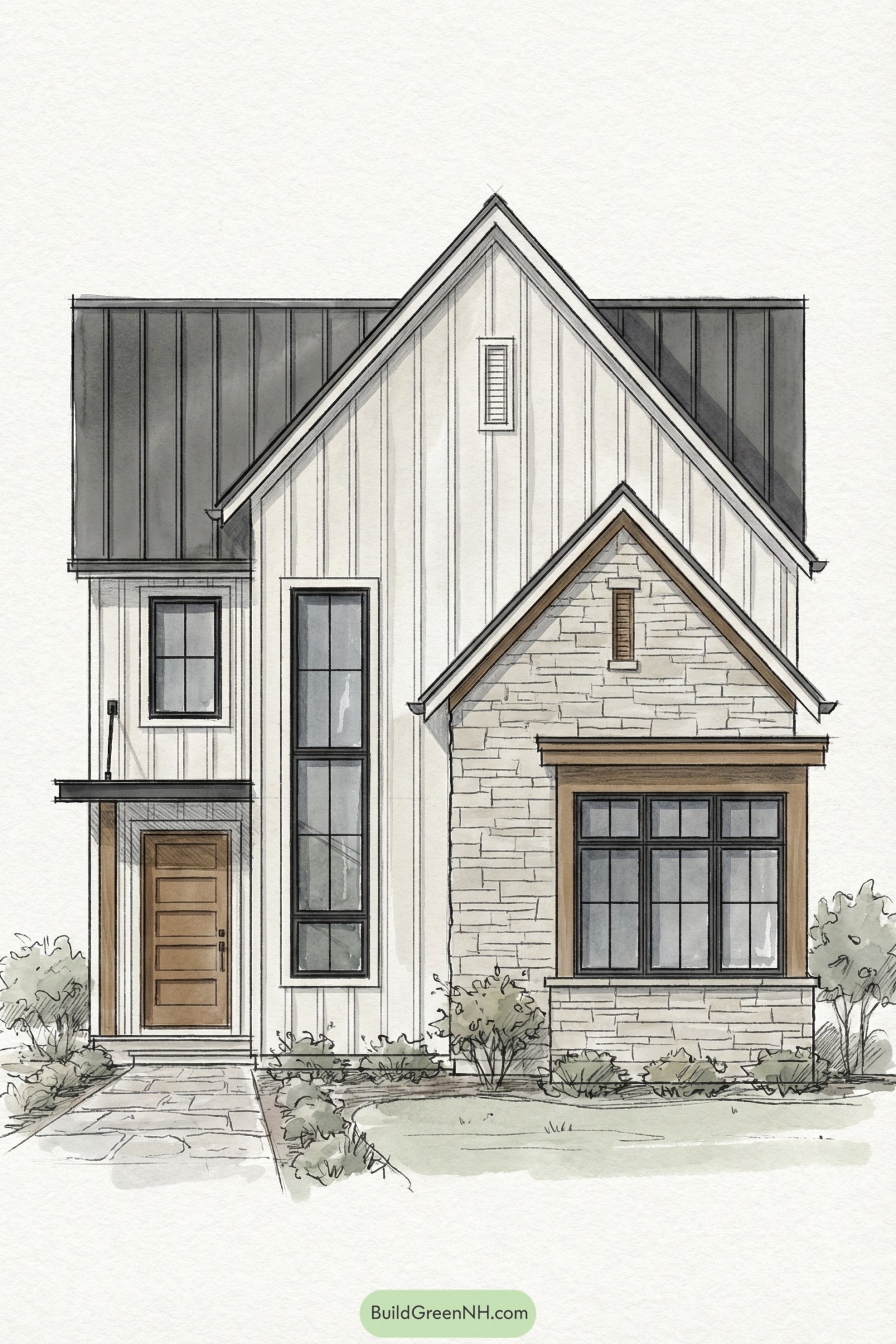 Modern cottage elevation with tall metal roof, vertical siding, and stone front bay