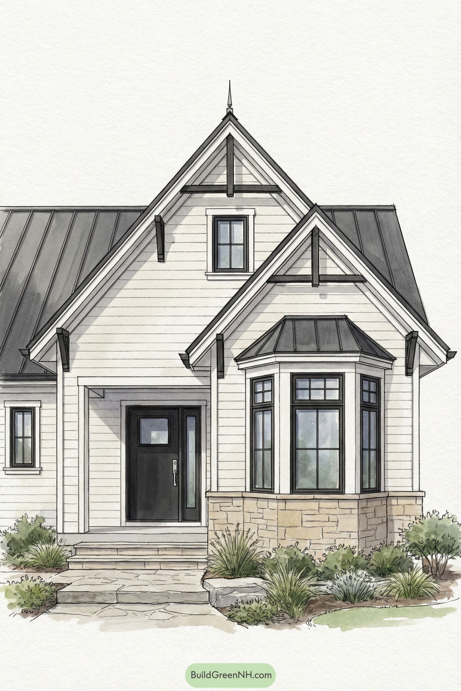 Modern cottage front elevation with steep gables metal roof stone base and black trimmed windows