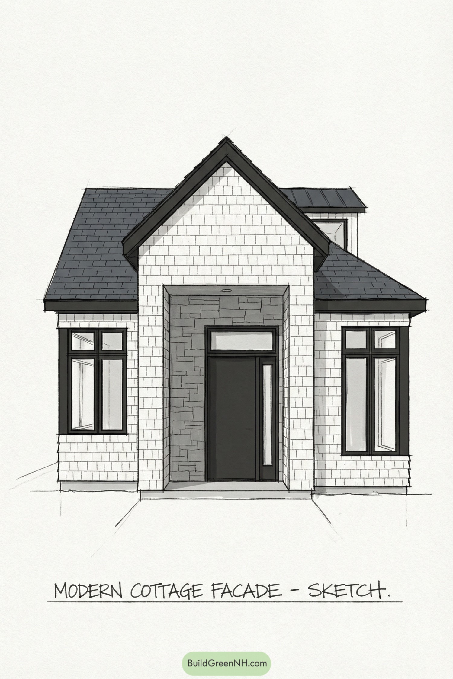 Modern gabled cottage sketch with shingle siding stone entry portal and tall black framed windows