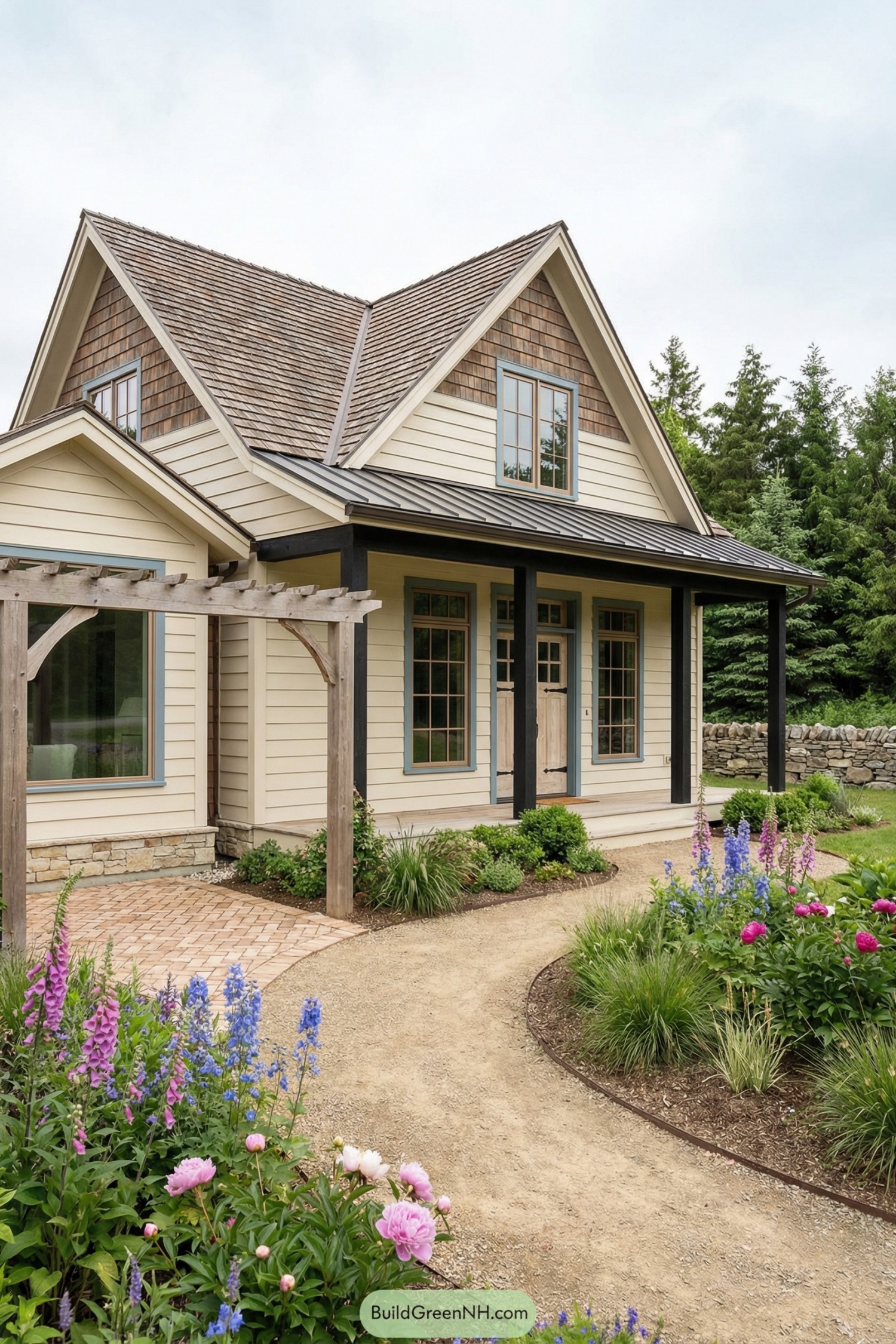 Cream gabled cottage with porch and flower garden