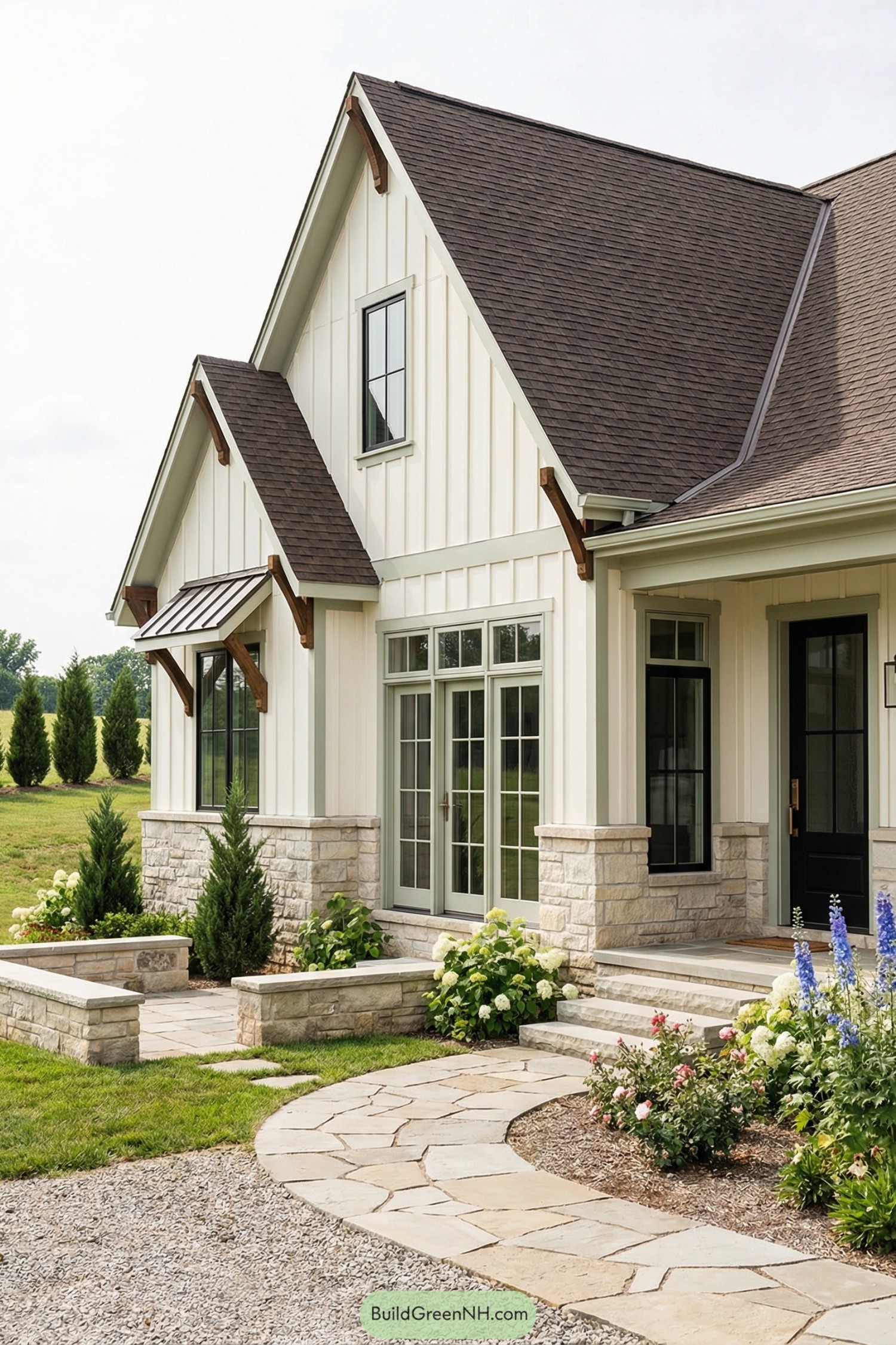 Cream board and batten cottage with steep gables, stone base, and curving flagstone path lined with flowers