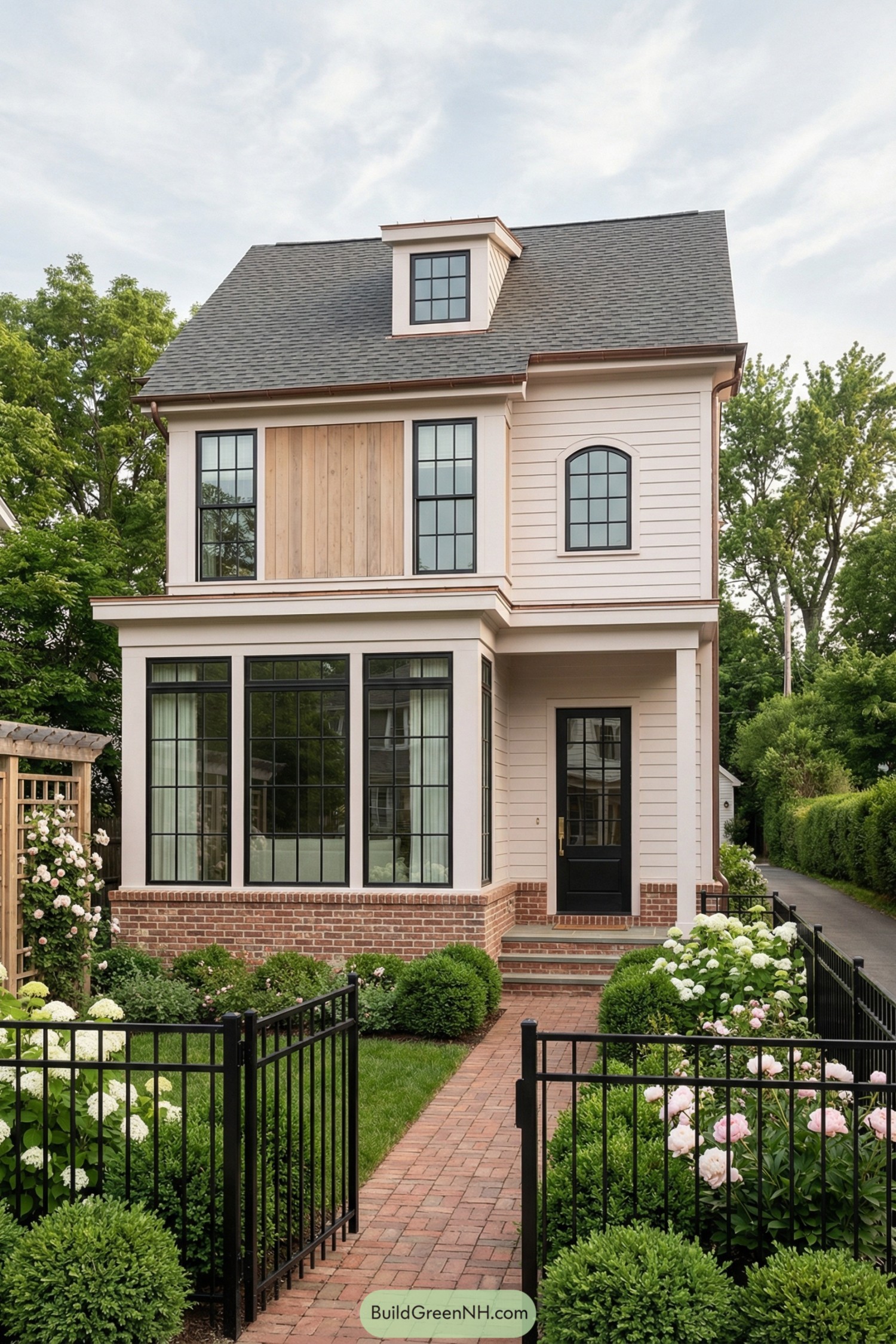 Soft pink cottage with tall black windows brick base and lush front garden
