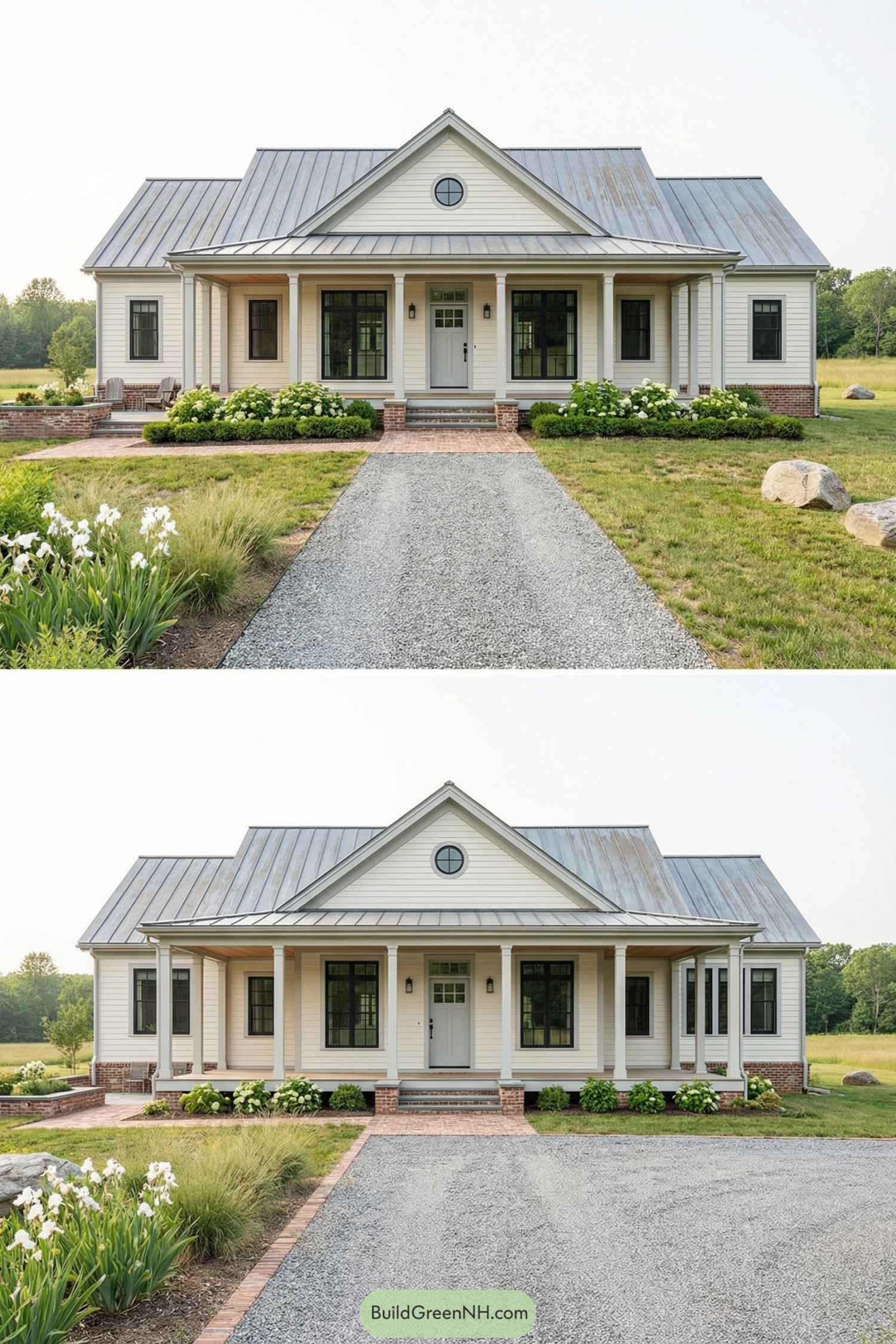 Cream sided cottage with metal roof and full front porch framed by brick steps and lush plantings
