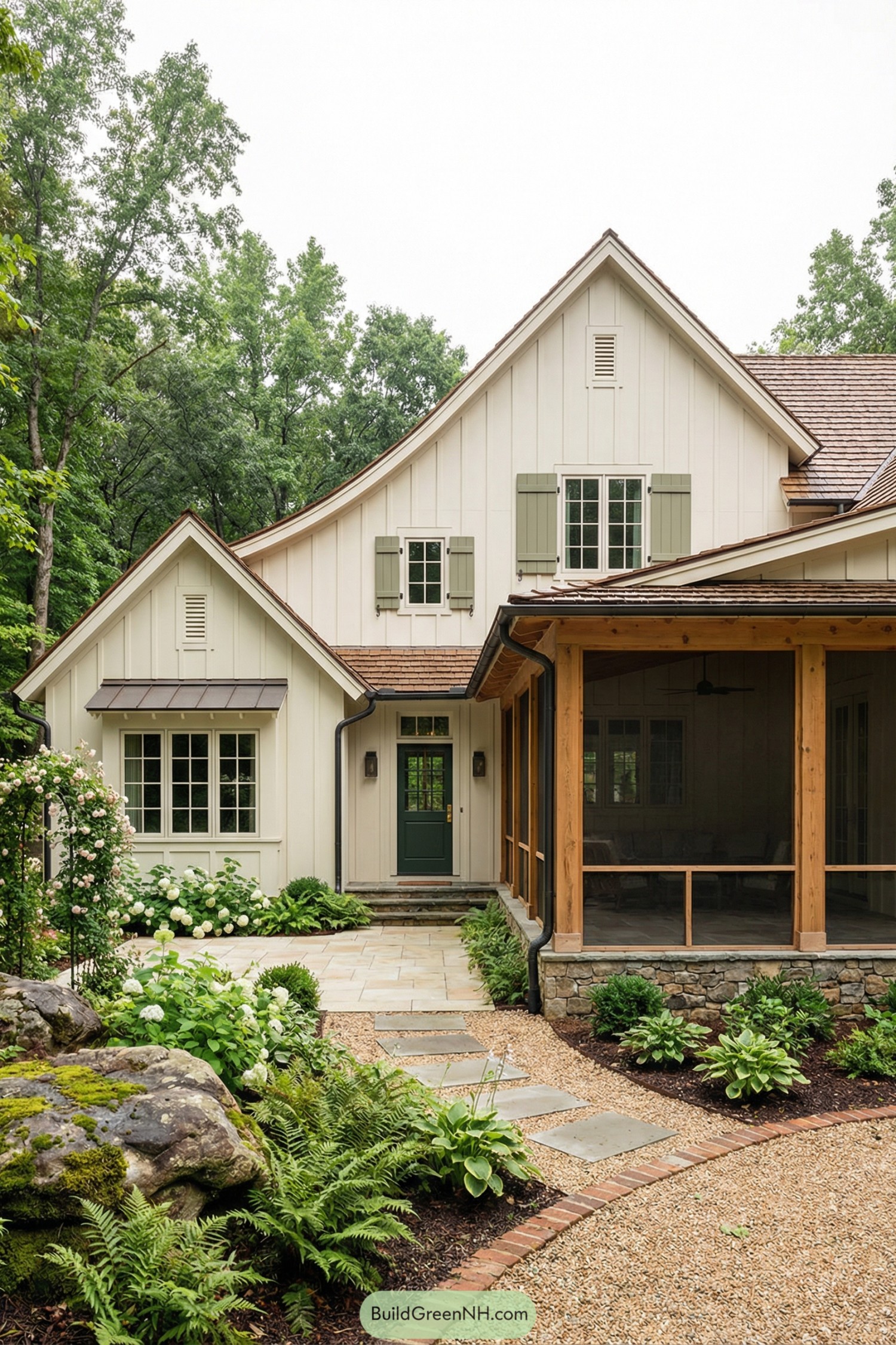 Cream board and batten cottage with green shutters and a curved garden path