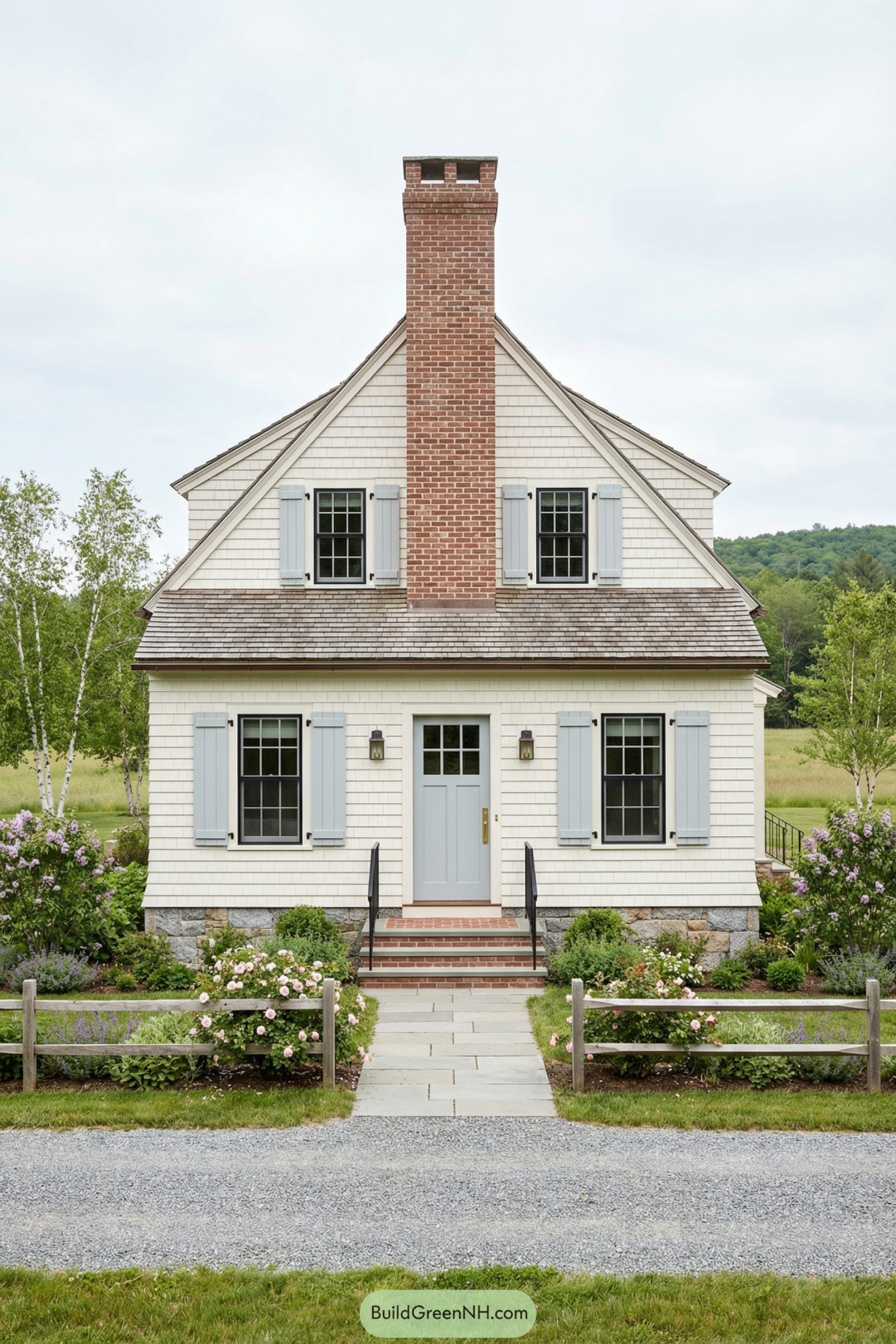 Compact white shingle cottage with central brick chimney, blue shutters, and lush front garden