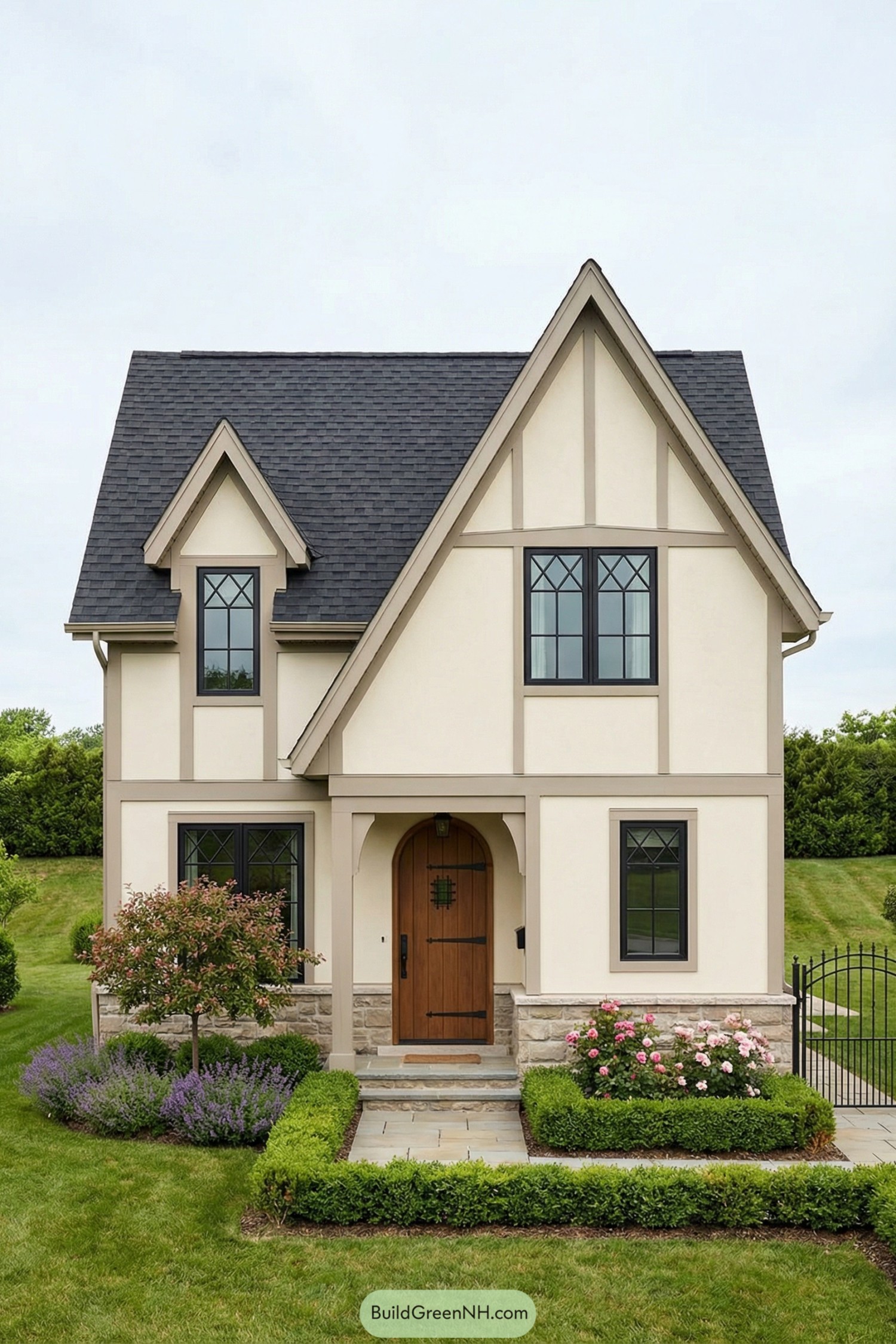 Creamy stucco Tudor cottage with steep gables, arched wood door, and manicured flower beds