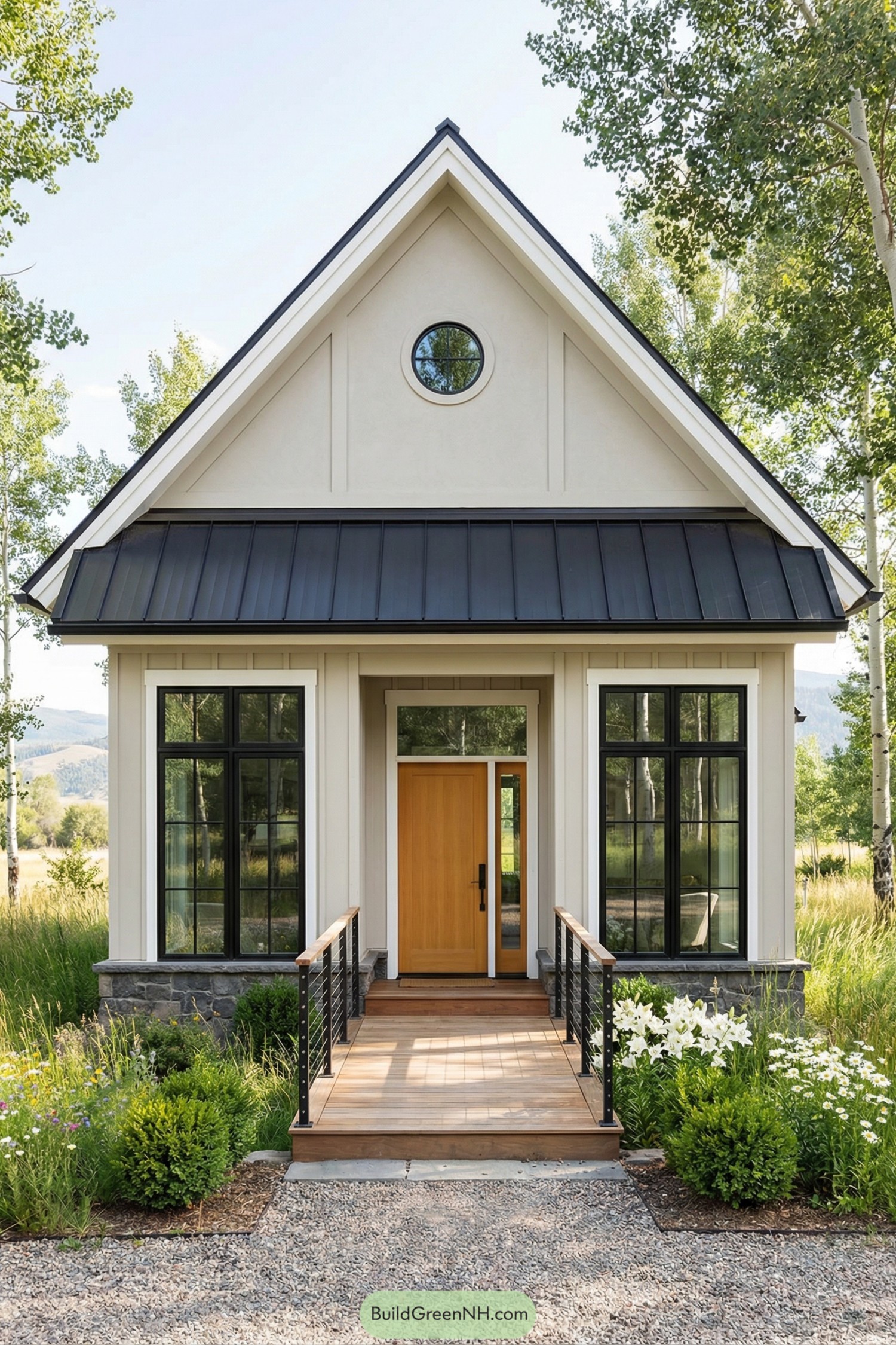 Tall cottage with round gable window and front porch surrounded by wild landscaping