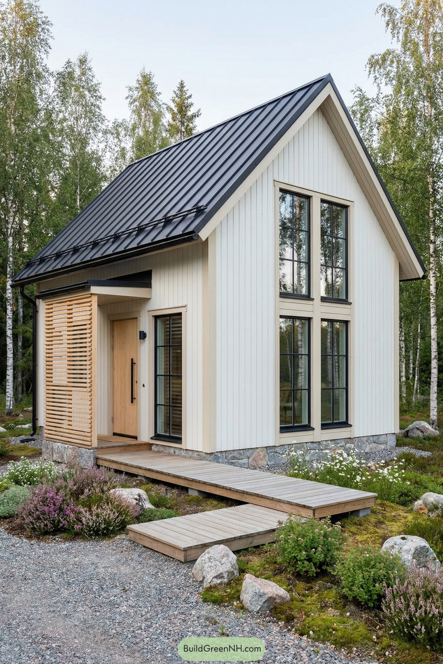 Compact cream cottage with black metal roof and large modern windows in a woodland garden