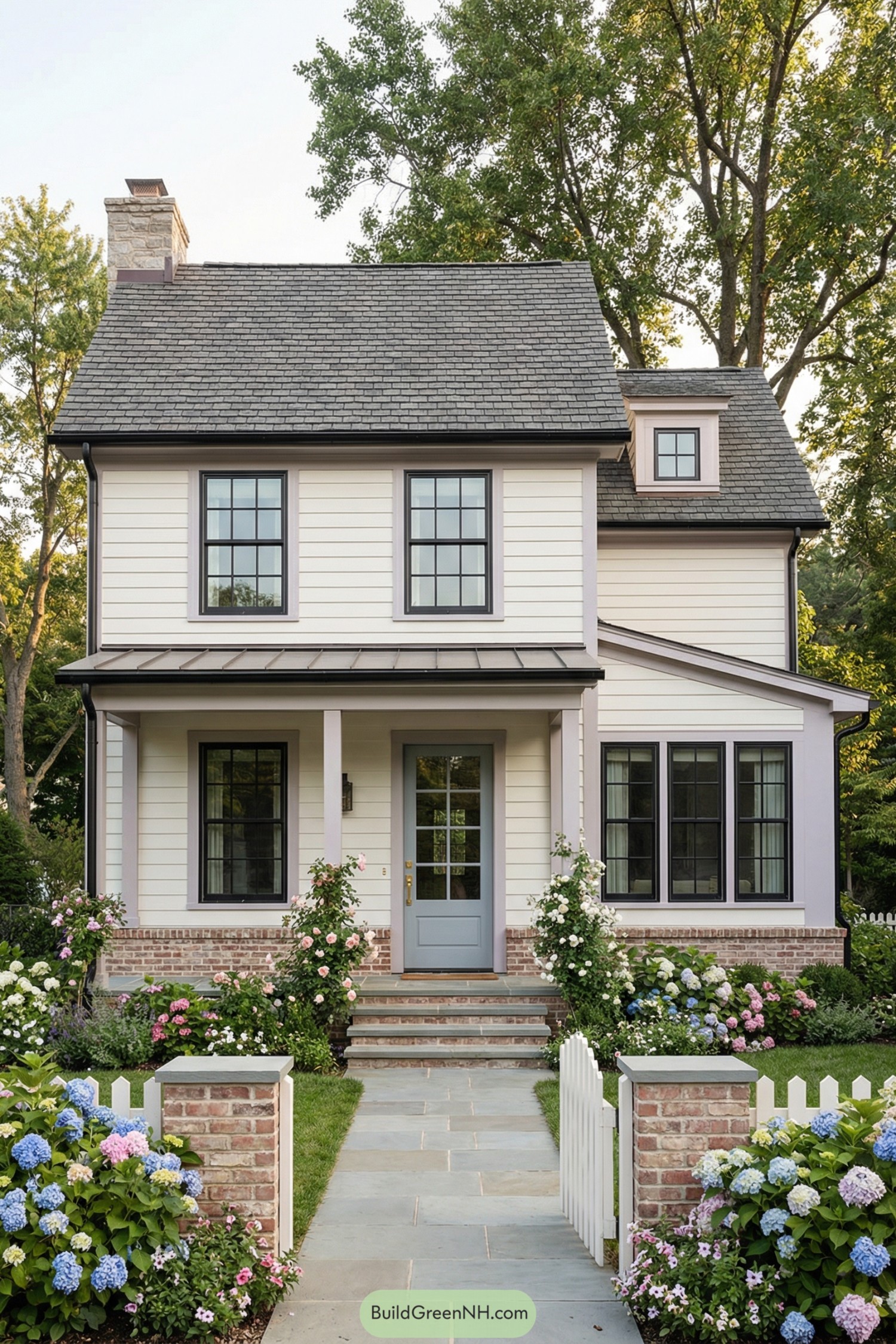 Two story cream cottage with hydrangea garden