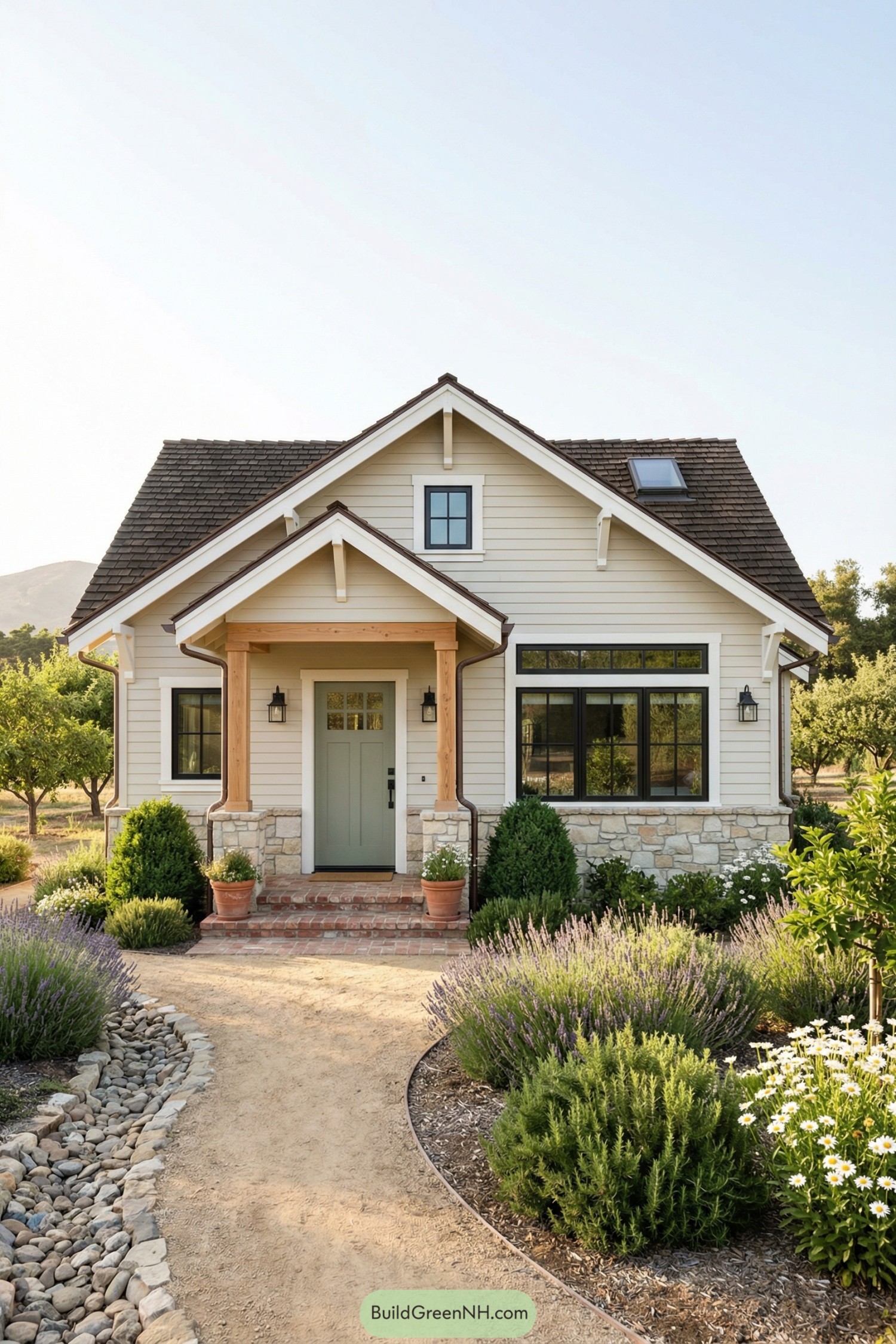 Compact cream cottage with gabled roof, stone base, and lavender lined front path