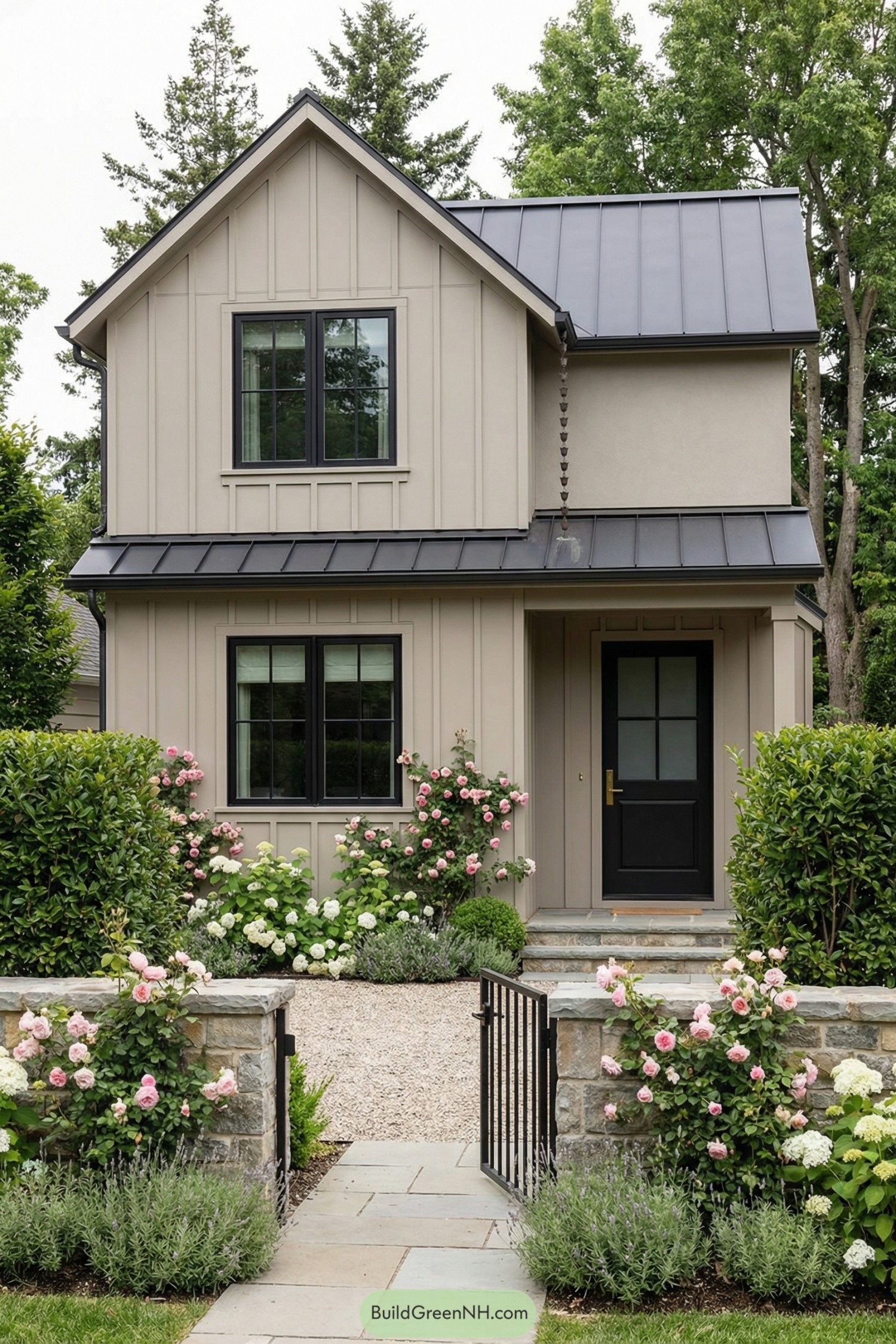 Compact tan cottage with black metal roof, board and batten siding, and lush rose filled front garden
